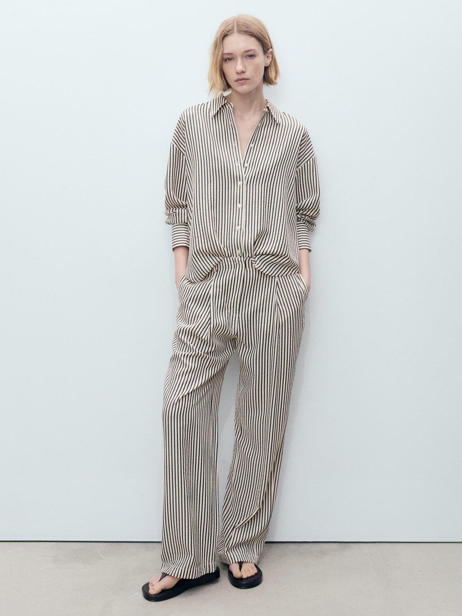 Product image 2 of 8, which shows Mango Sal Stripe Straight Trousers, Natural White, XXXL