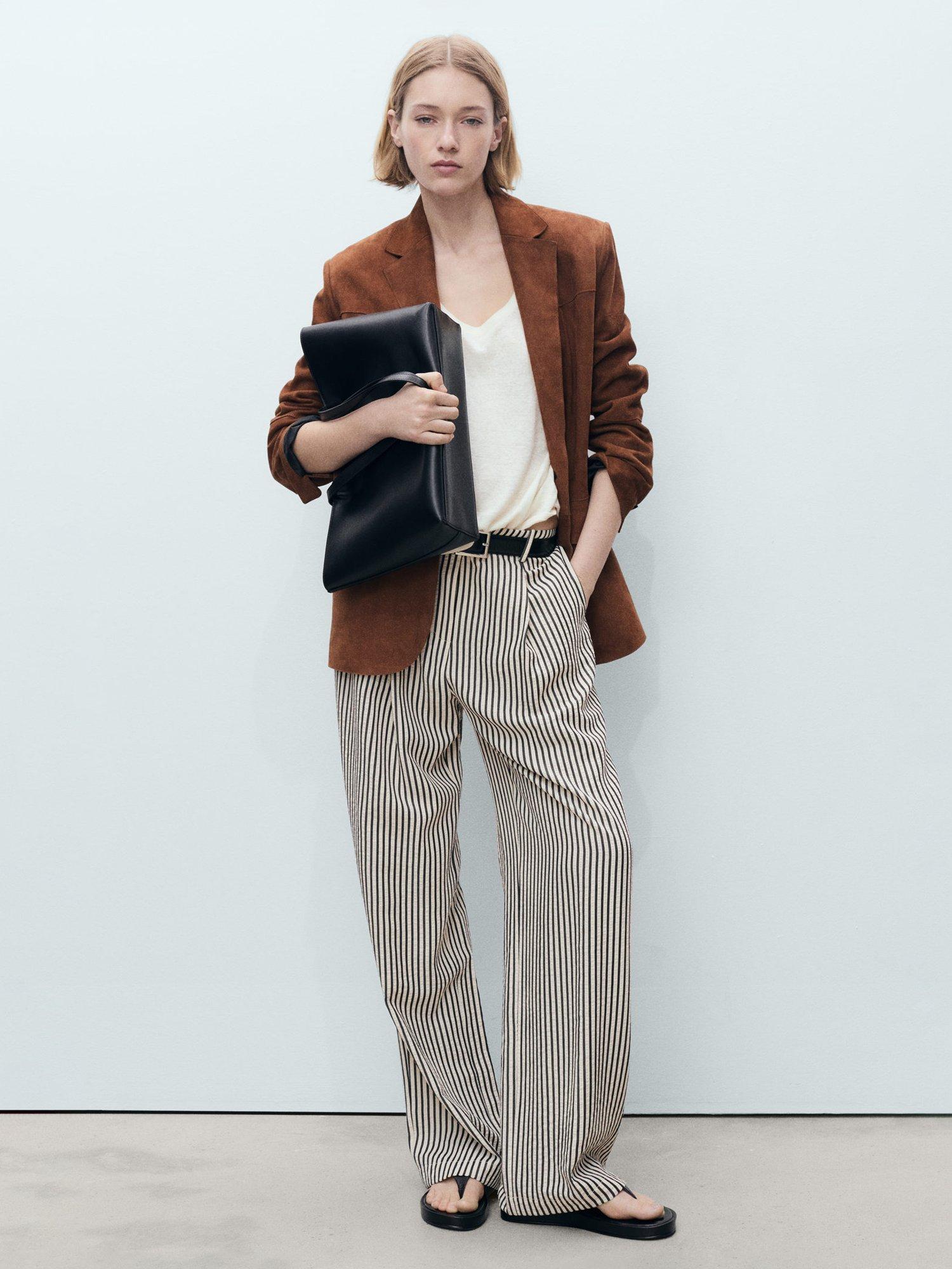 Product image 6 of 8, which shows Mango Sal Stripe Straight Trousers, Natural White, XXXL