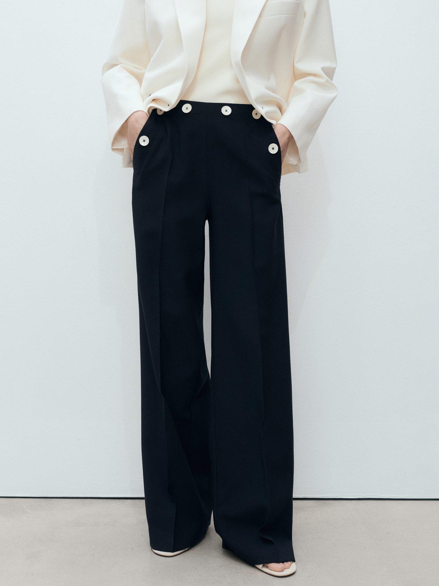 Product image 2 of 8, which shows Mango Sanremo Contrast Button Wide Leg Trousers, Navy, 10