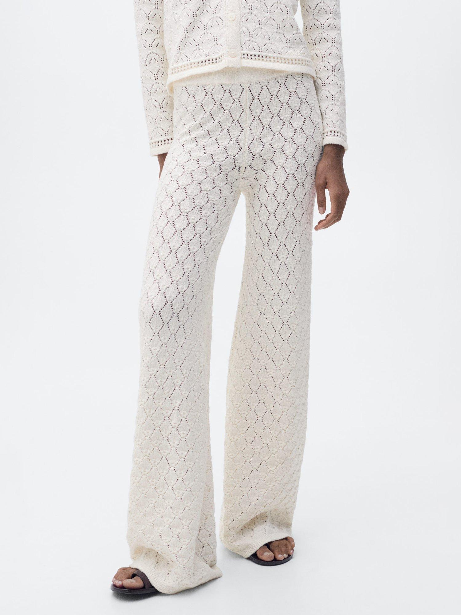 Product image 1 of 6, which shows Mango Sito Open Knit Trousers, Light Beige, L