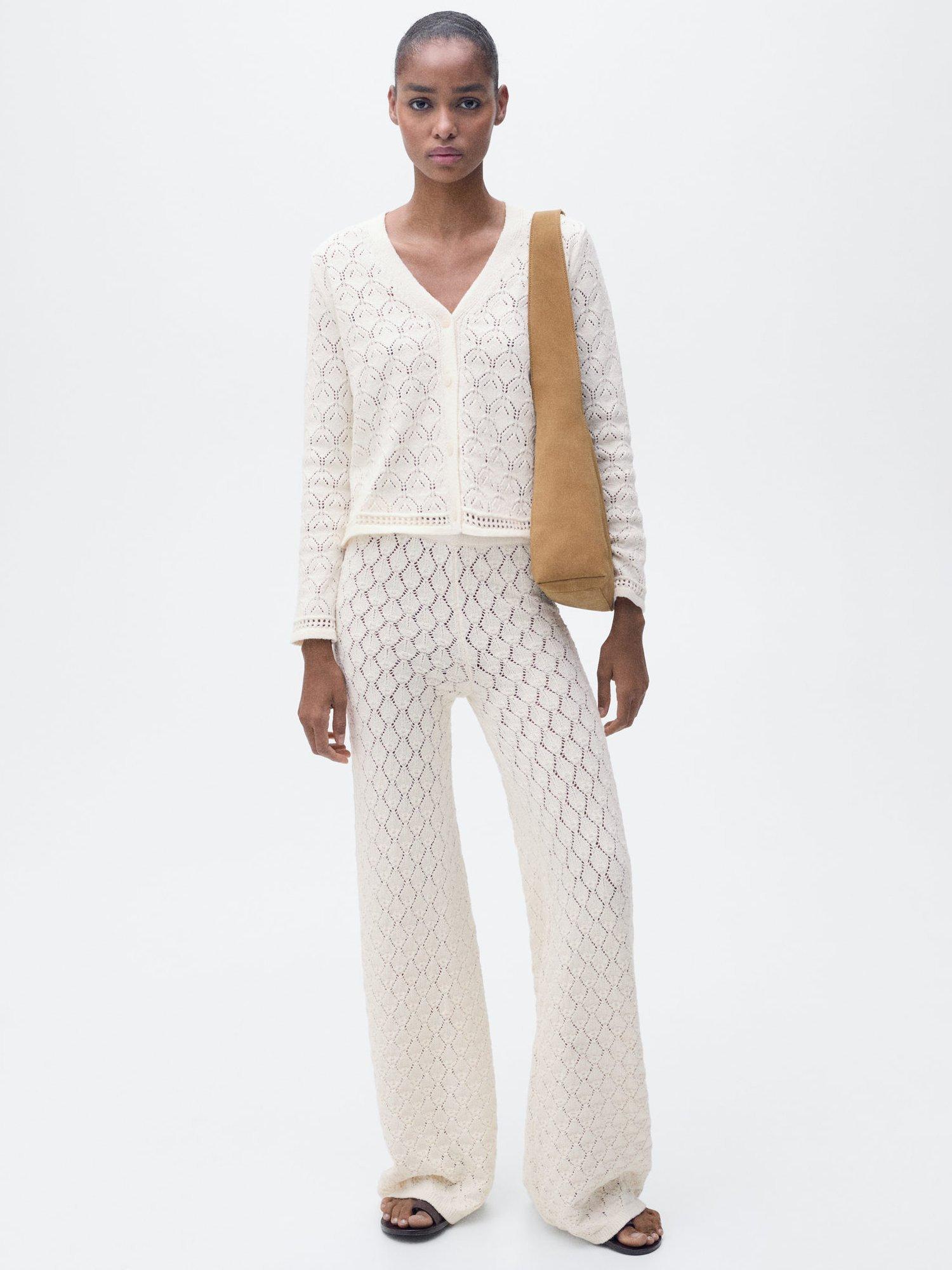 Product image 2 of 6, which shows Mango Sito Open Knit Trousers, Light Beige, L