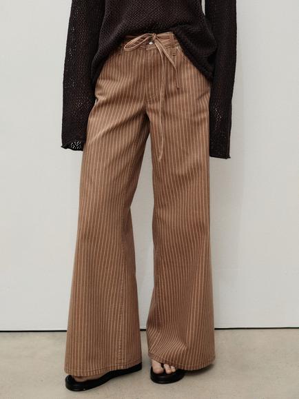 Mango Olivia Stripe Wide Leg Jeans, Medium Brown, Medium Brown