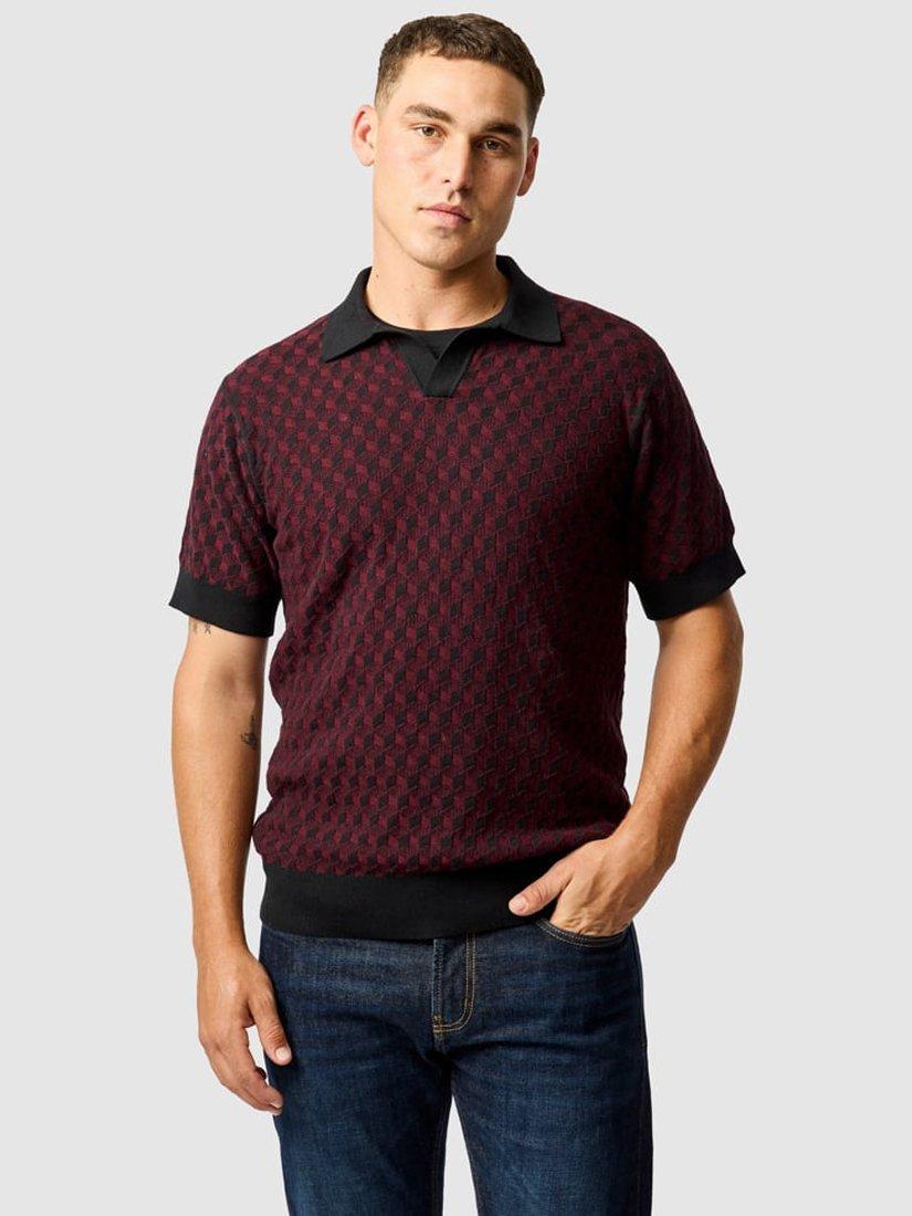 Product image 1 of 6, which shows Rodd & Gunn Galdfield Geo Cotton Regular Fit Short Sleeve Knitted Polo Shirt, Burgundy, XS