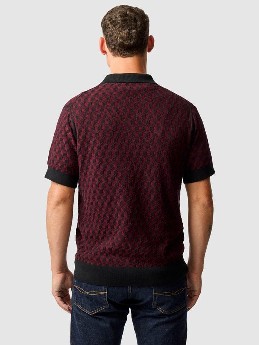 Product image 3 of 6, which shows Rodd & Gunn Galdfield Geo Cotton Regular Fit Short Sleeve Knitted Polo Shirt, Burgundy, XS