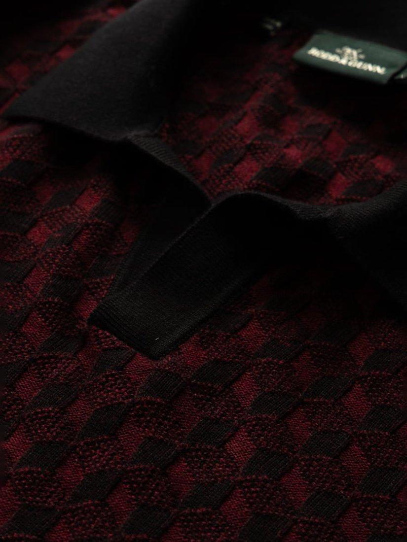 Product image 6 of 6, which shows Rodd & Gunn Galdfield Geo Cotton Regular Fit Short Sleeve Knitted Polo Shirt, Burgundy, XS