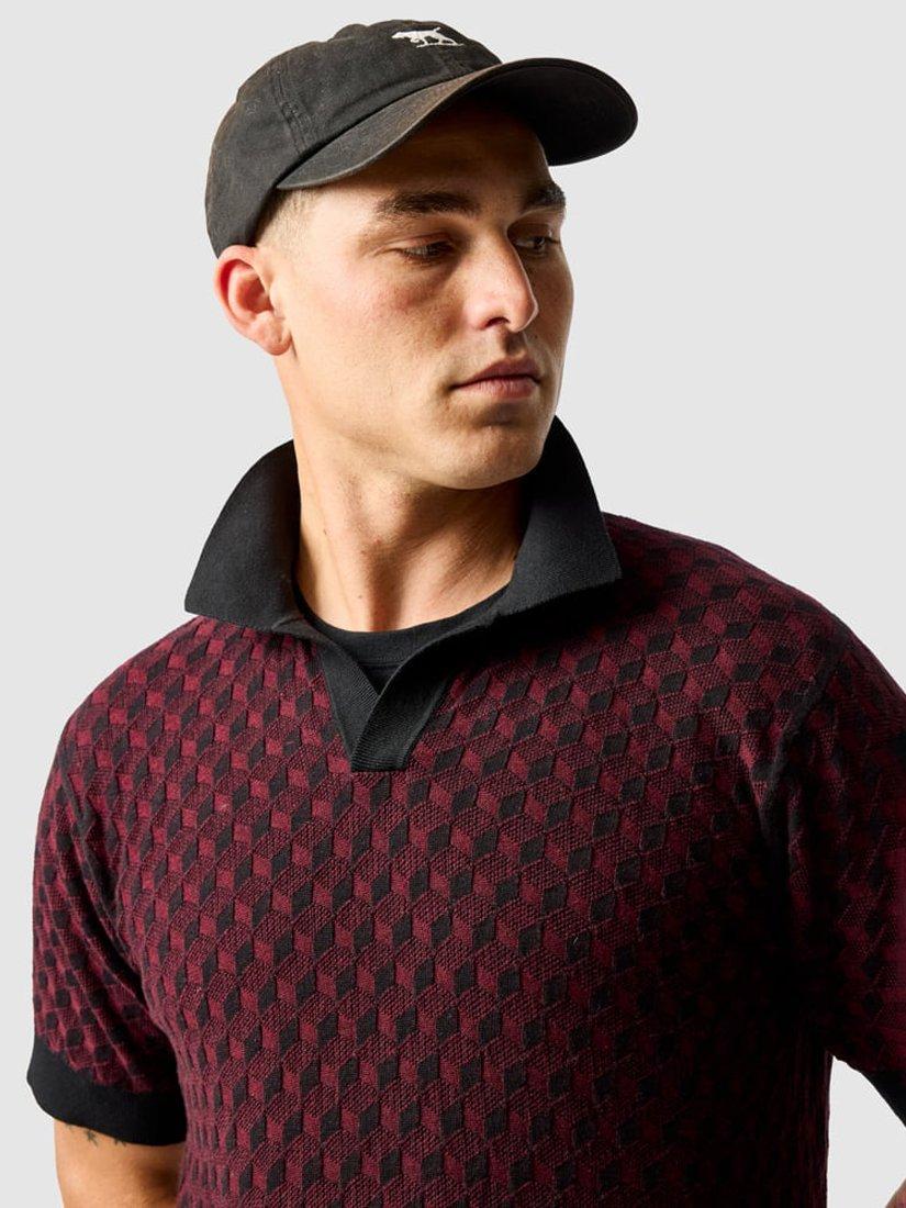 Product image 4 of 6, which shows Rodd & Gunn Galdfield Geo Cotton Regular Fit Short Sleeve Knitted Polo Shirt, Burgundy, XS