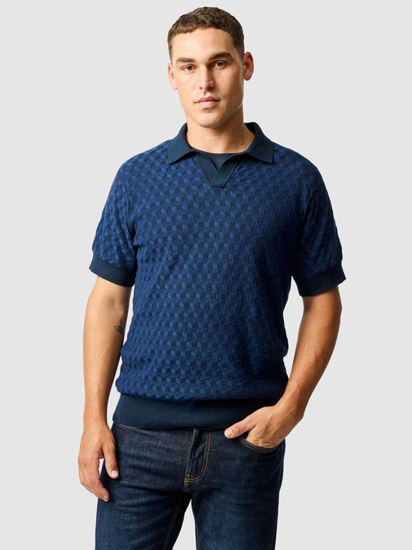 Product image 1 of 5, which shows Rodd & Gunn Galdfield Geo Cotton Regular Fit Short Sleeve Knitted Polo Shirt, Ocean, XS