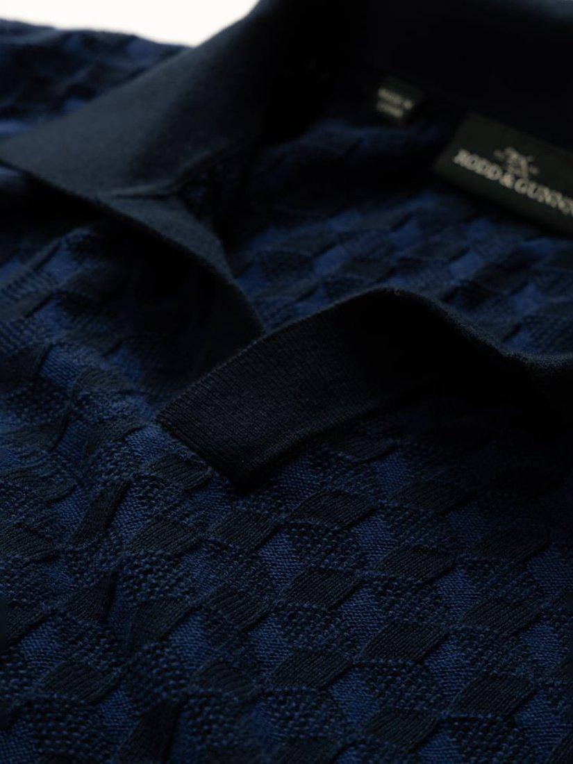 Product image 5 of 5, which shows Rodd & Gunn Galdfield Geo Cotton Regular Fit Short Sleeve Knitted Polo Shirt, Ocean, XS