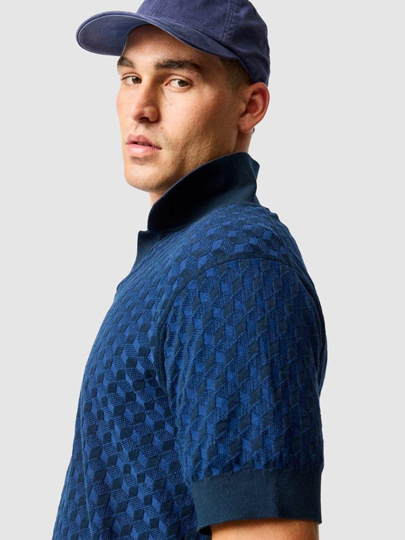 Product image 3 of 5, which shows Rodd & Gunn Galdfield Geo Cotton Regular Fit Short Sleeve Knitted Polo Shirt, Ocean, XS