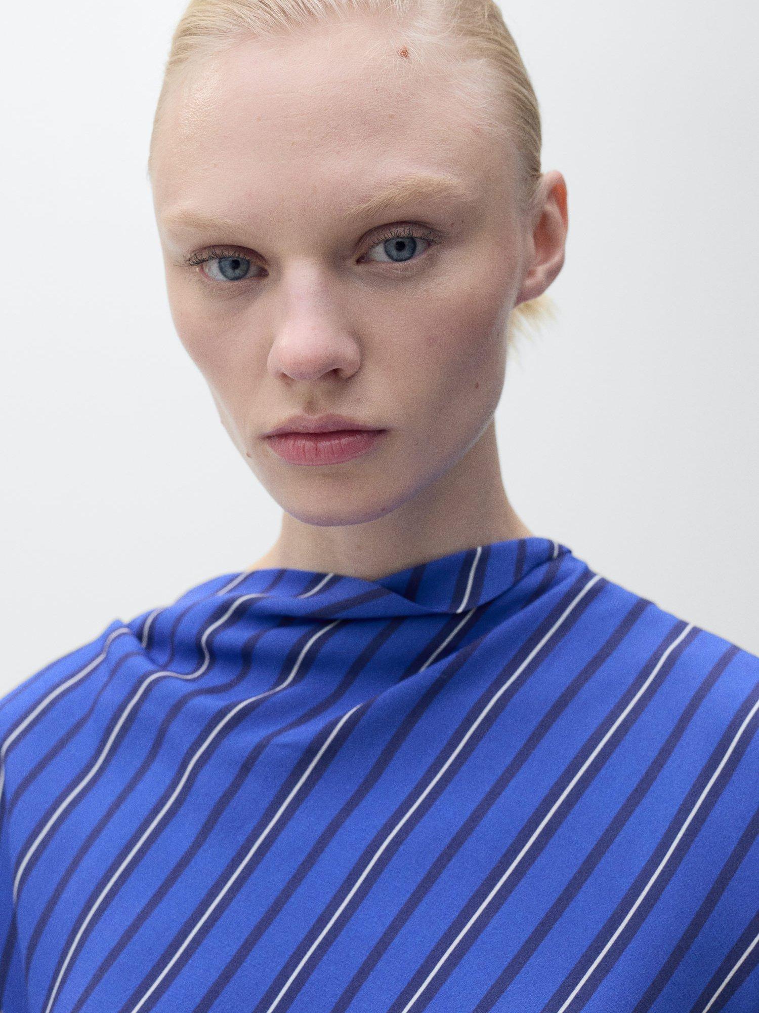 Product image 6 of 7, which shows Mango Calandre Asymmetrical Striped Blouse, Medium Blue, 10