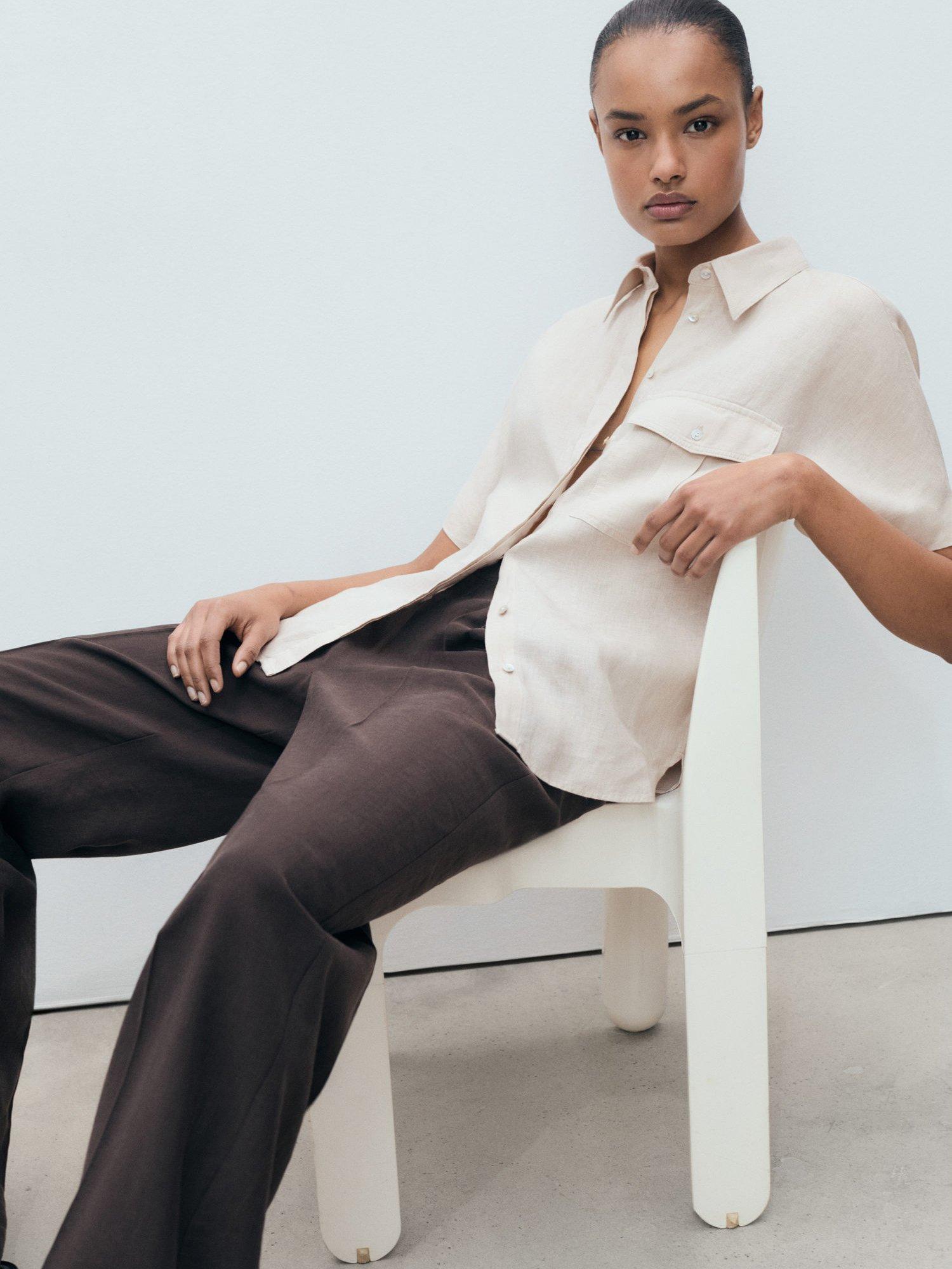 Product image 6 of 8, which shows Mango Pacha Short Sleeve Linen Shirt, Pastel Brown, 10