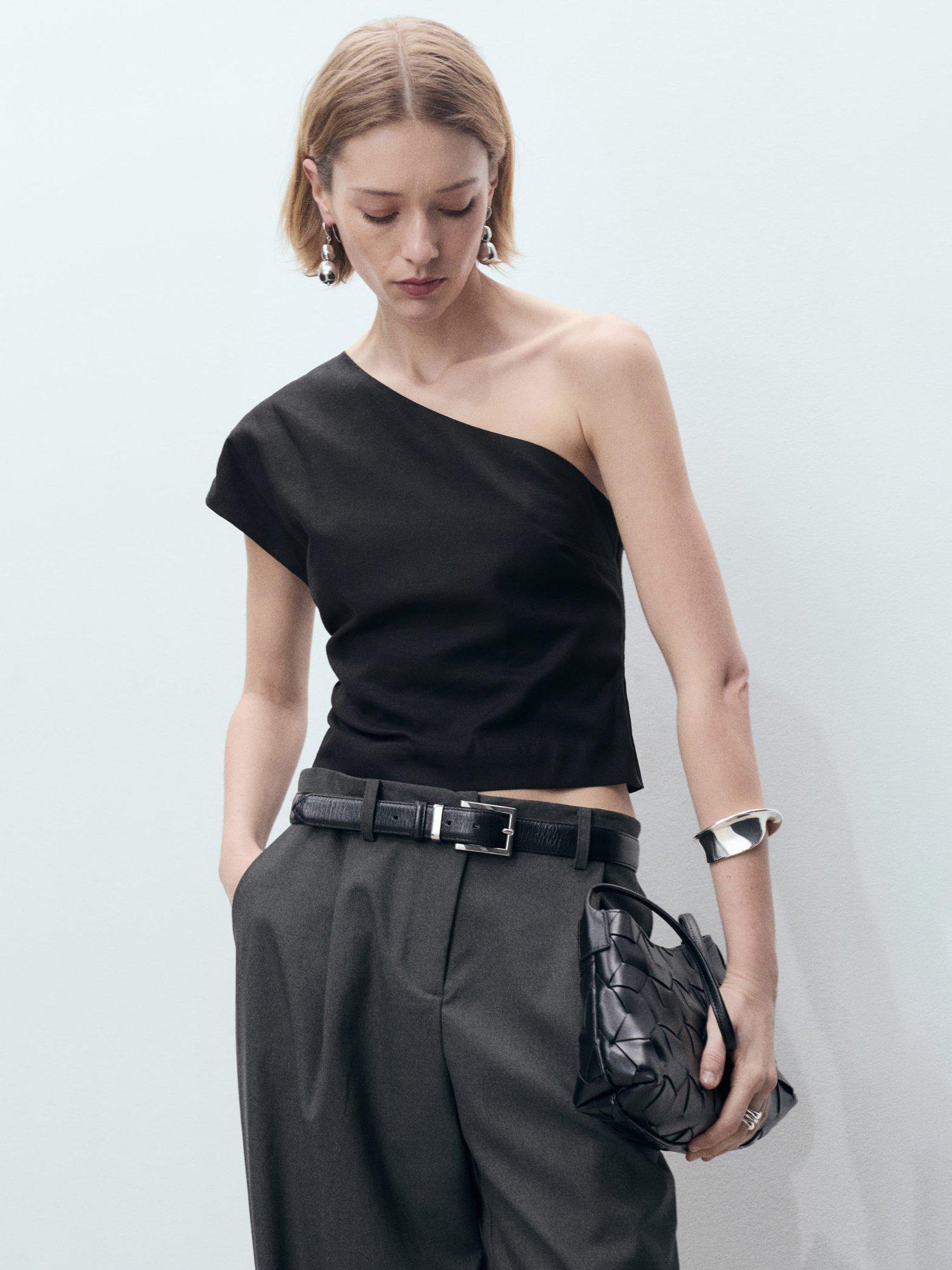 Product image 1 of 7, which shows Mango Bari One Shoulder Linen Blend Blouse, Black, L