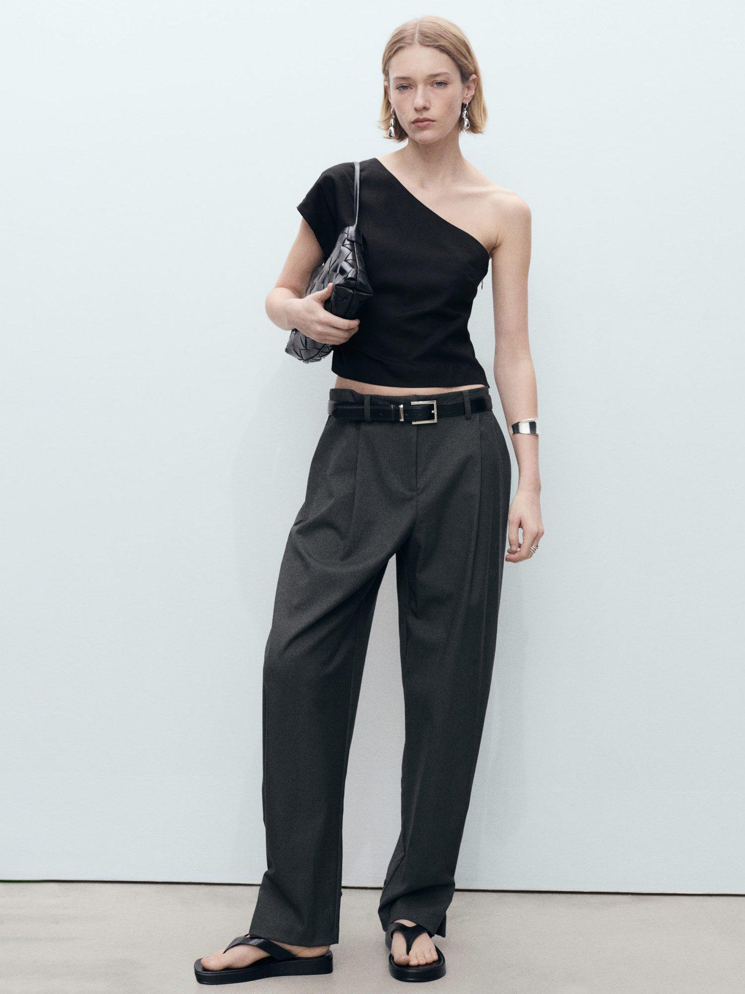 Product image 2 of 7, which shows Mango Bari One Shoulder Linen Blend Blouse, Black, L