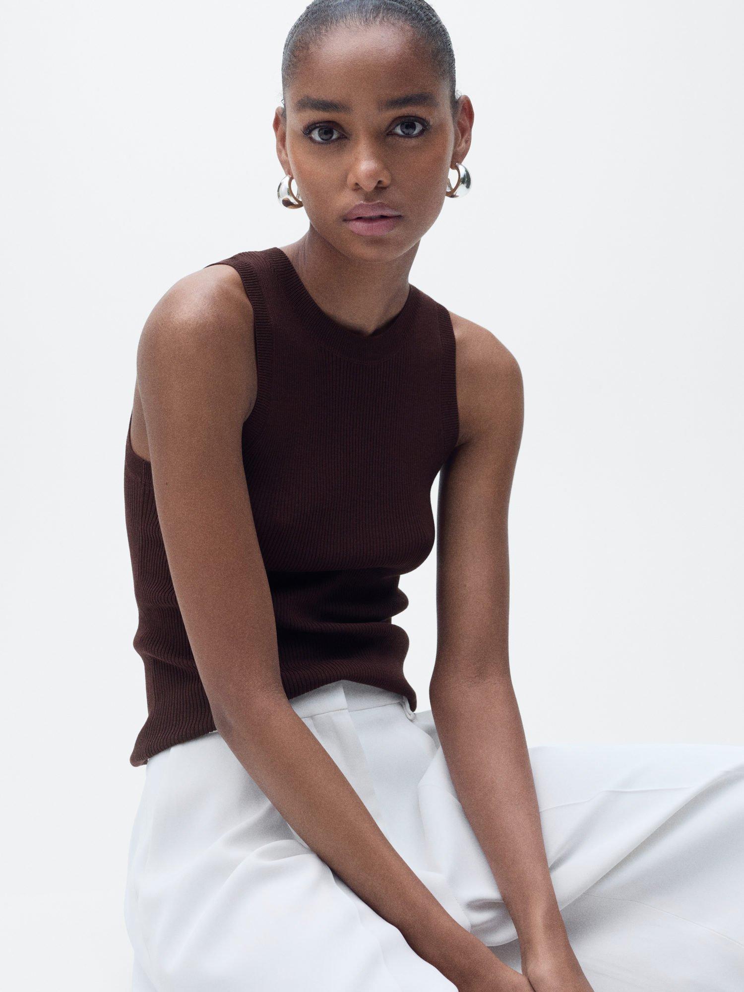 Product image 6 of 7, which shows Mango Karl Rib Knit Vest Top, Dark Brown, XXS