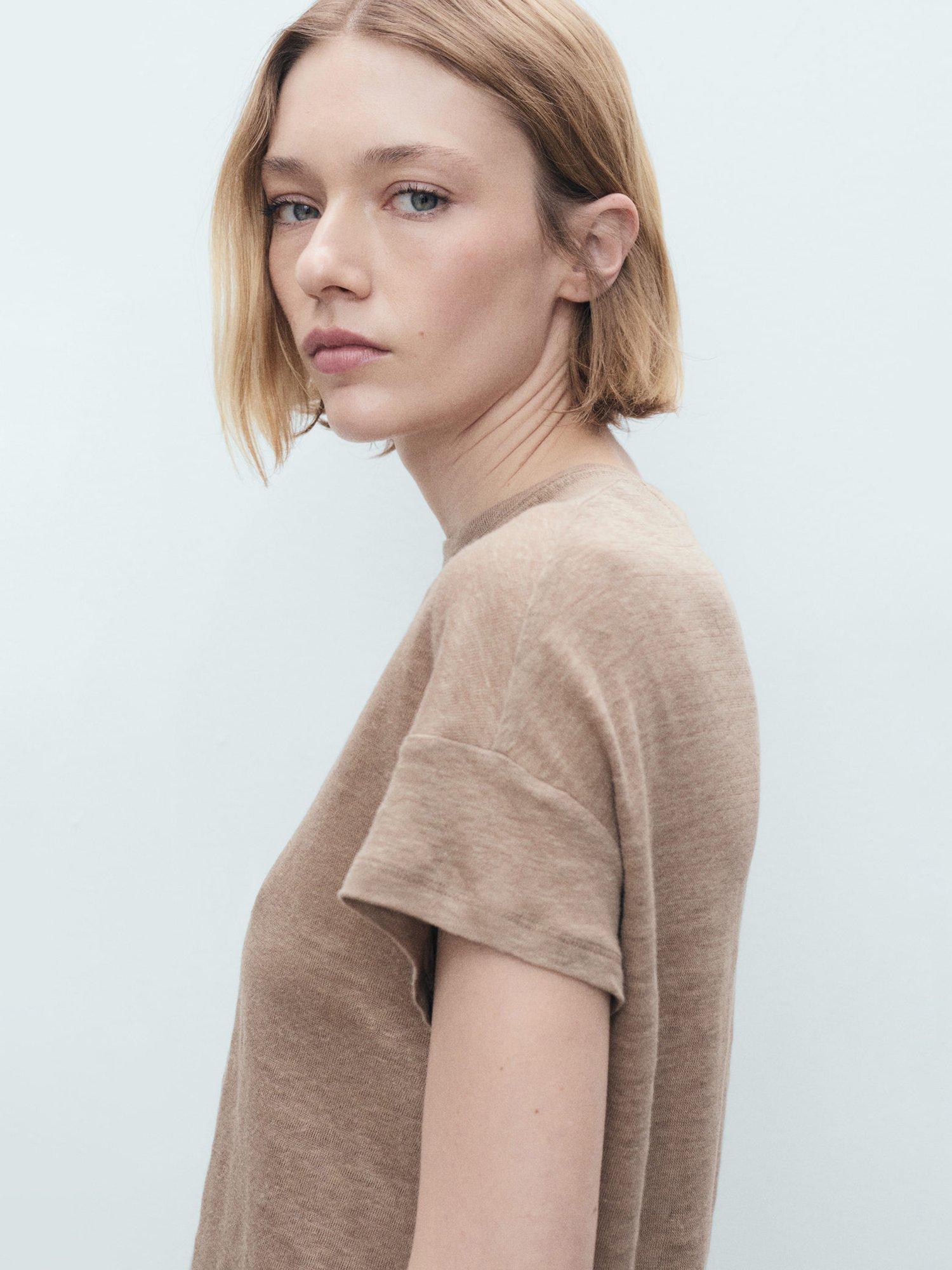 Product image 6 of 7, which shows Mango Ling Linen T-Shirt, Lt Pastel Brown, XS