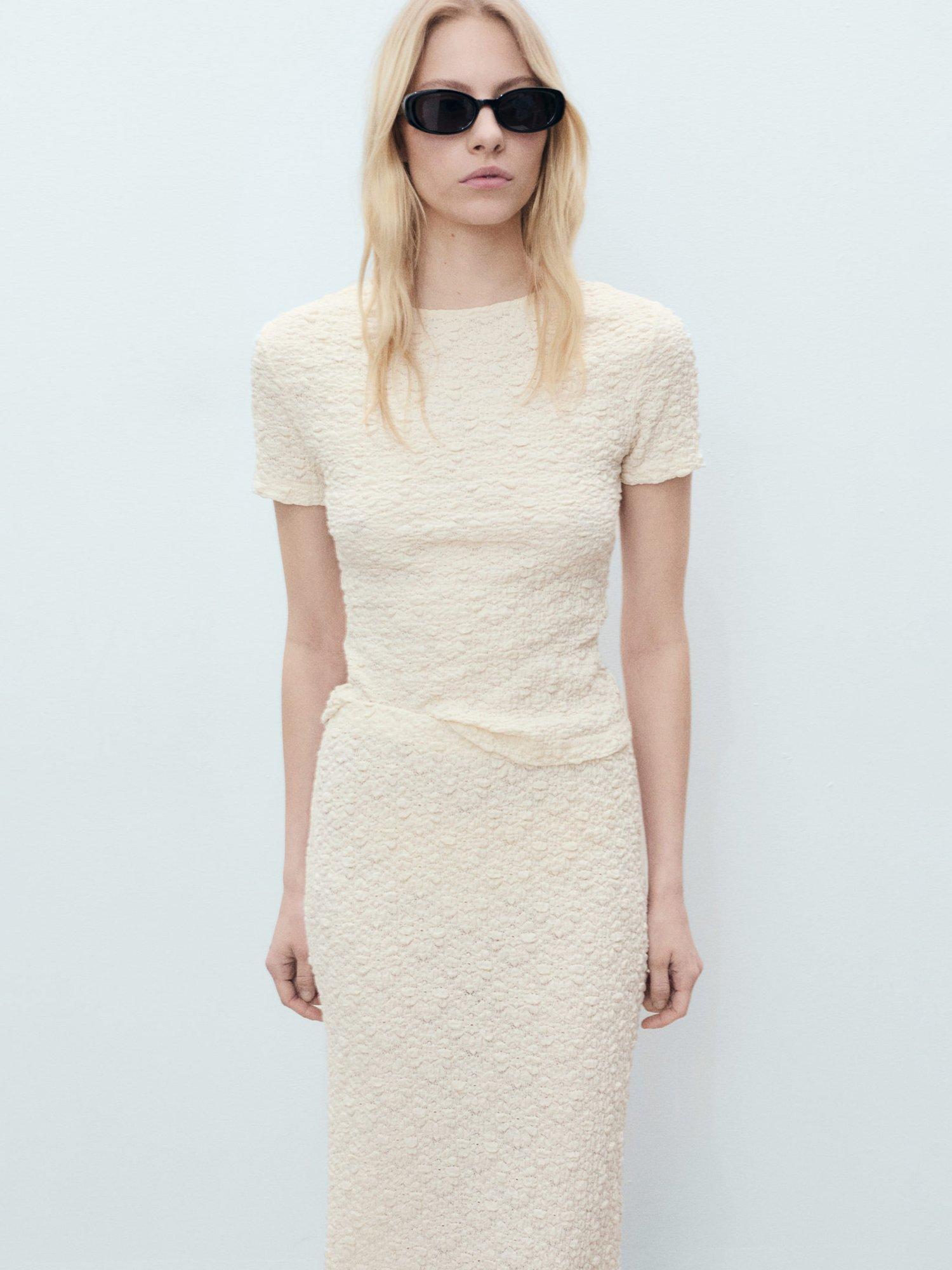 Product image 1 of 8, which shows Mango Nora Textured T-Shirt, Light Beige, XXS