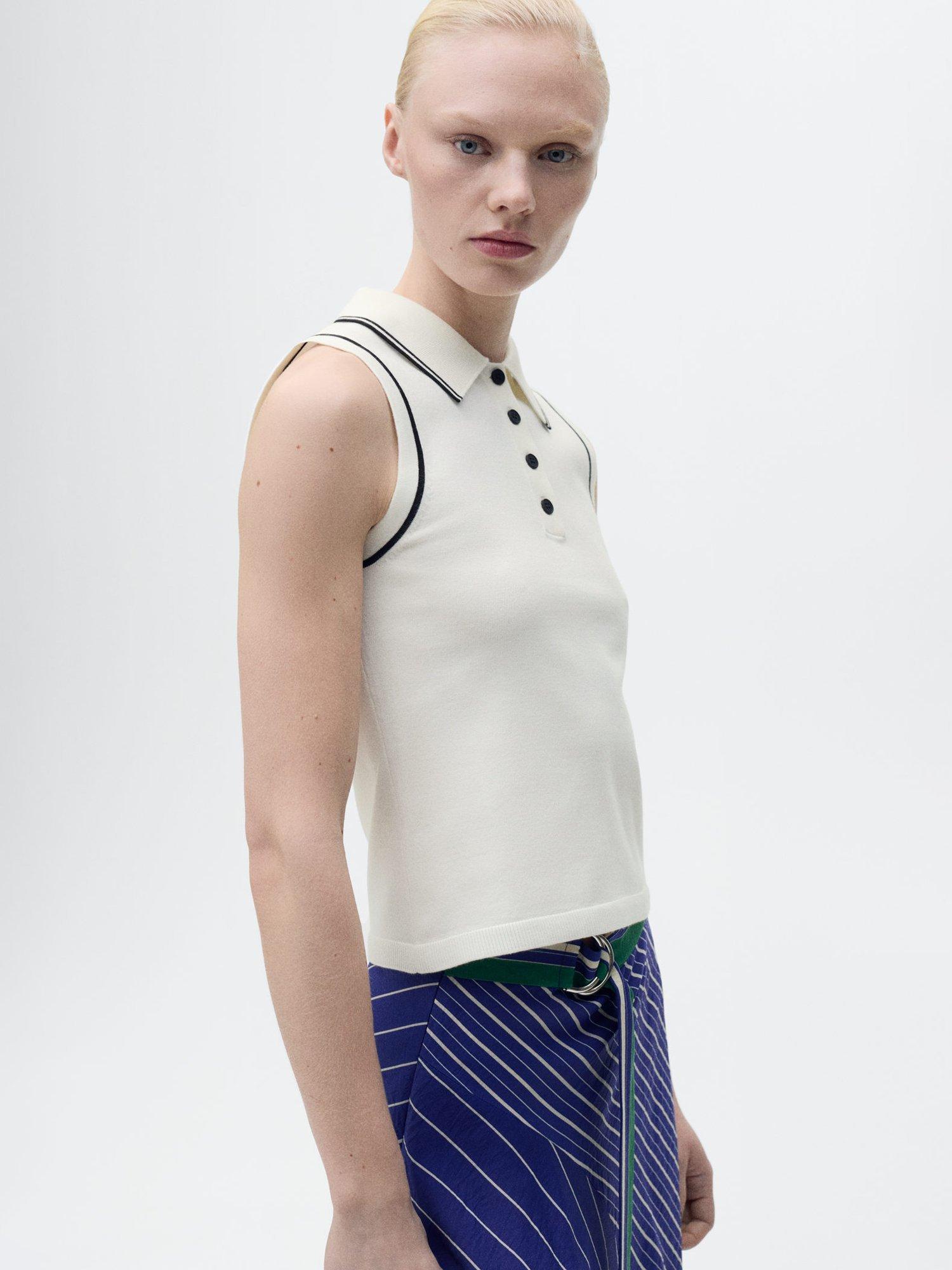 Product image 2 of 7, which shows Mango Contrast Trim Fine Knit Polo Shirt, Light Beige, XS