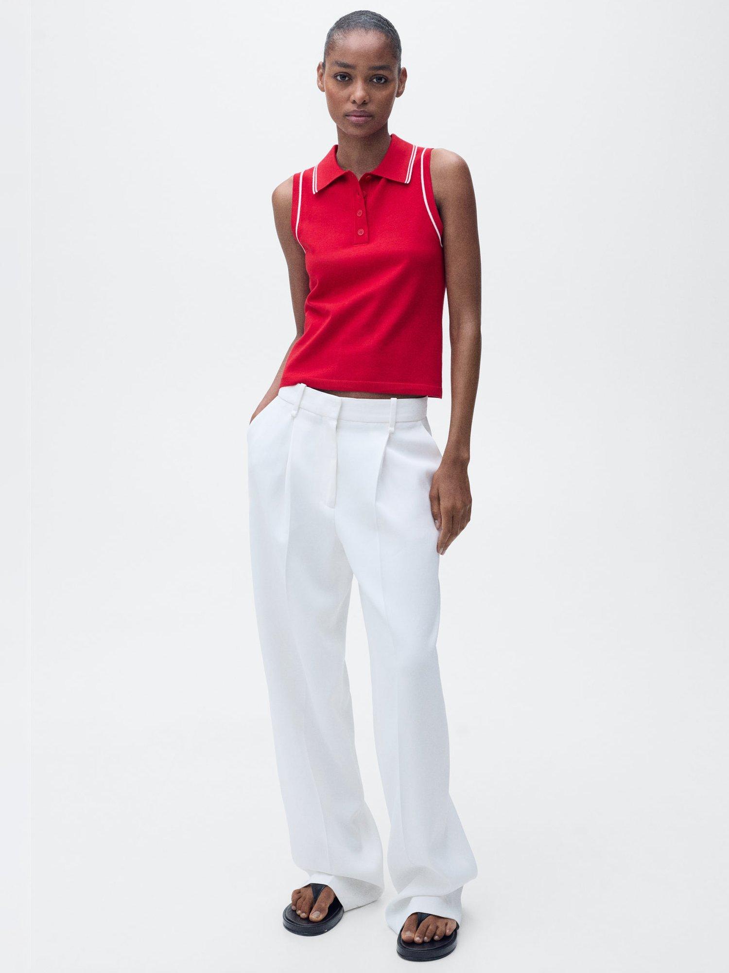 Product image 1 of 8, which shows Mango Contrast Trim Fine Knit Polo Shirt, Red, XS
