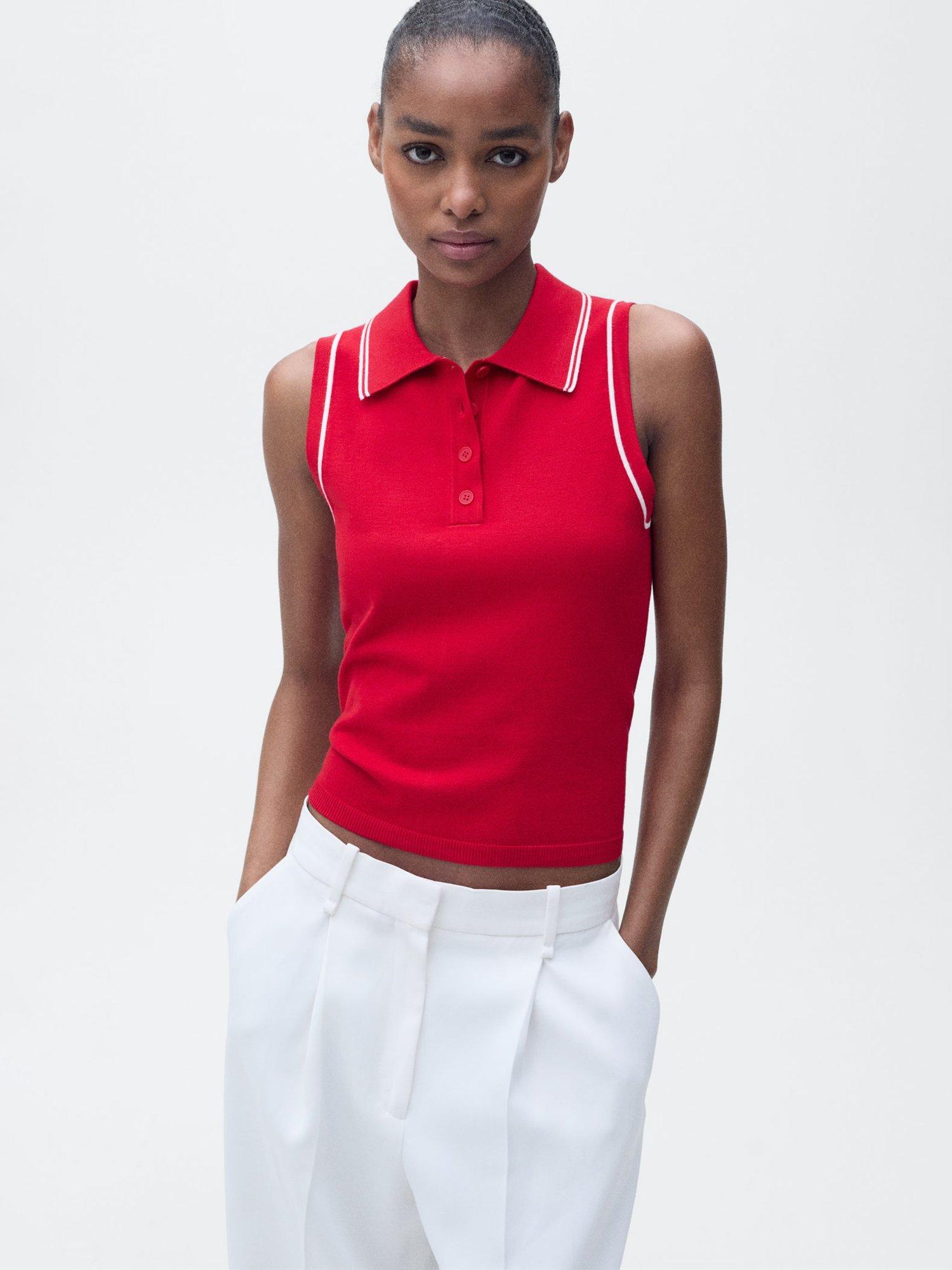 Product image 2 of 8, which shows Mango Contrast Trim Fine Knit Polo Shirt, Red, XS