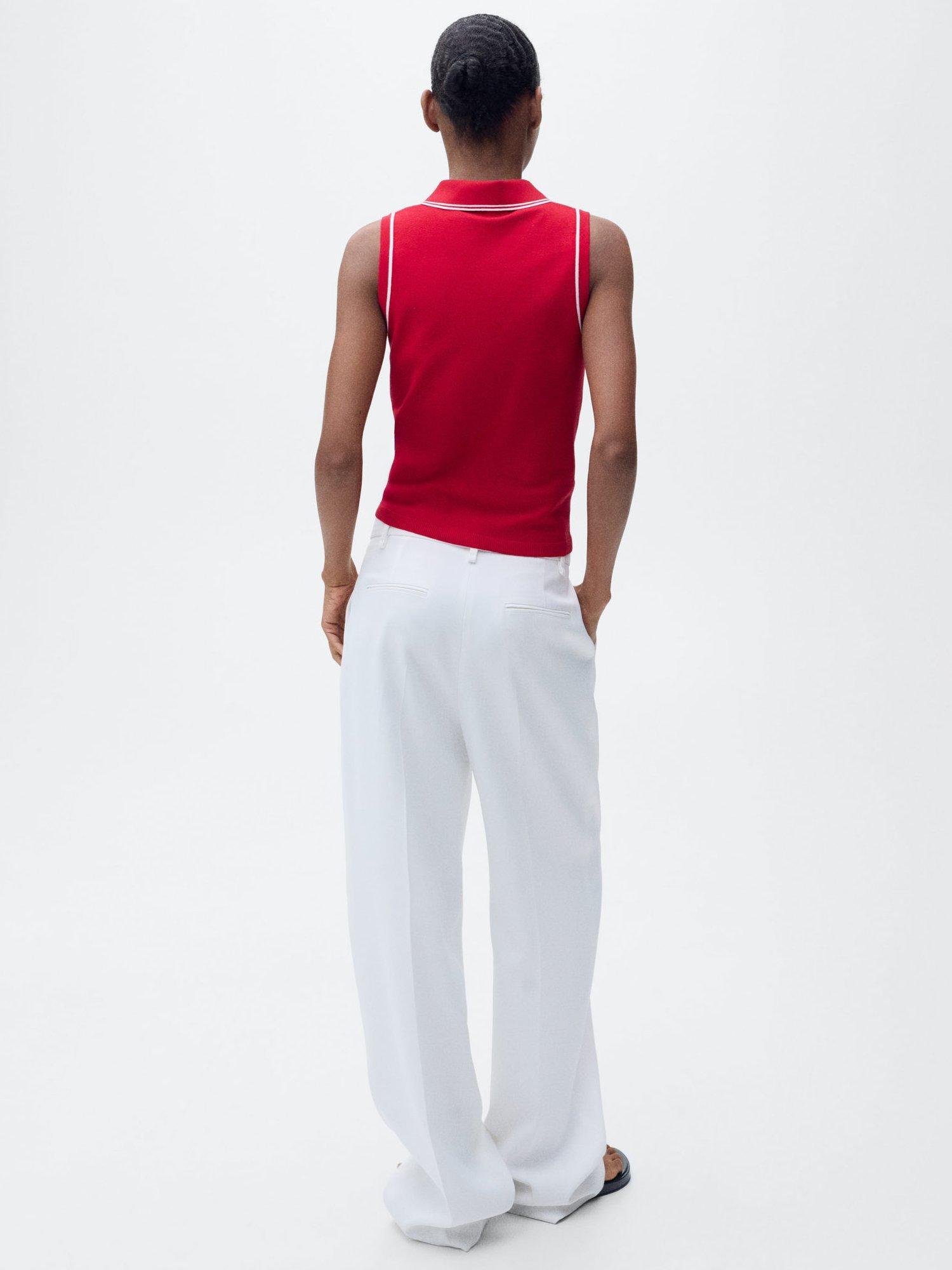 Product image 4 of 8, which shows Mango Contrast Trim Fine Knit Polo Shirt, Red, XS
