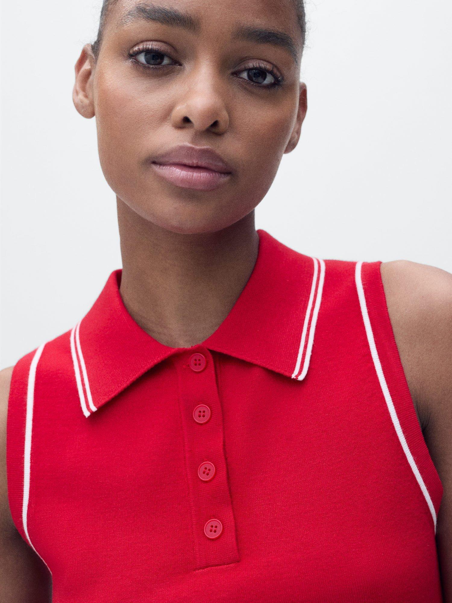 Product image 6 of 8, which shows Mango Contrast Trim Fine Knit Polo Shirt, Red, XS
