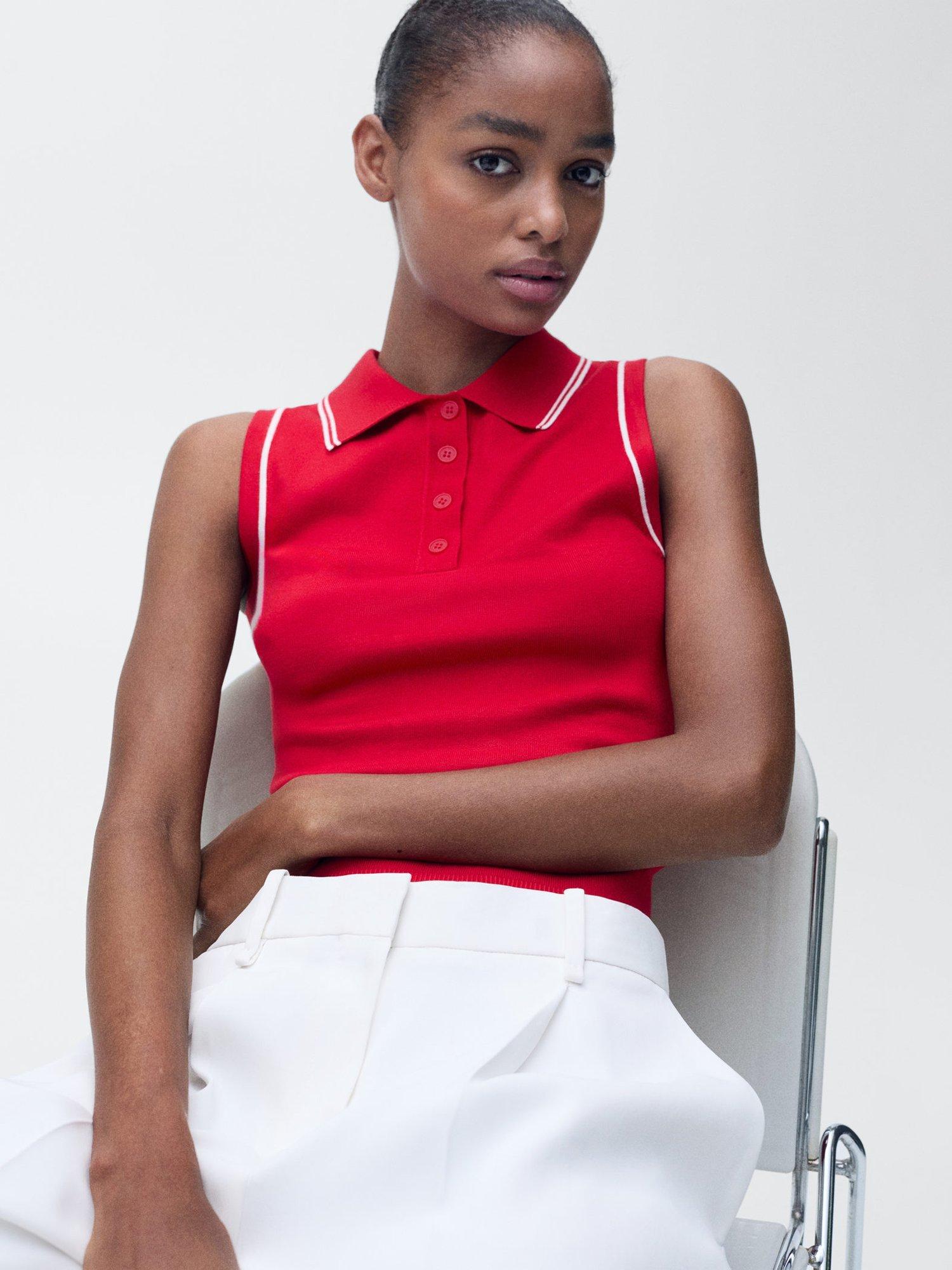Product image 7 of 8, which shows Mango Contrast Trim Fine Knit Polo Shirt, Red, XS