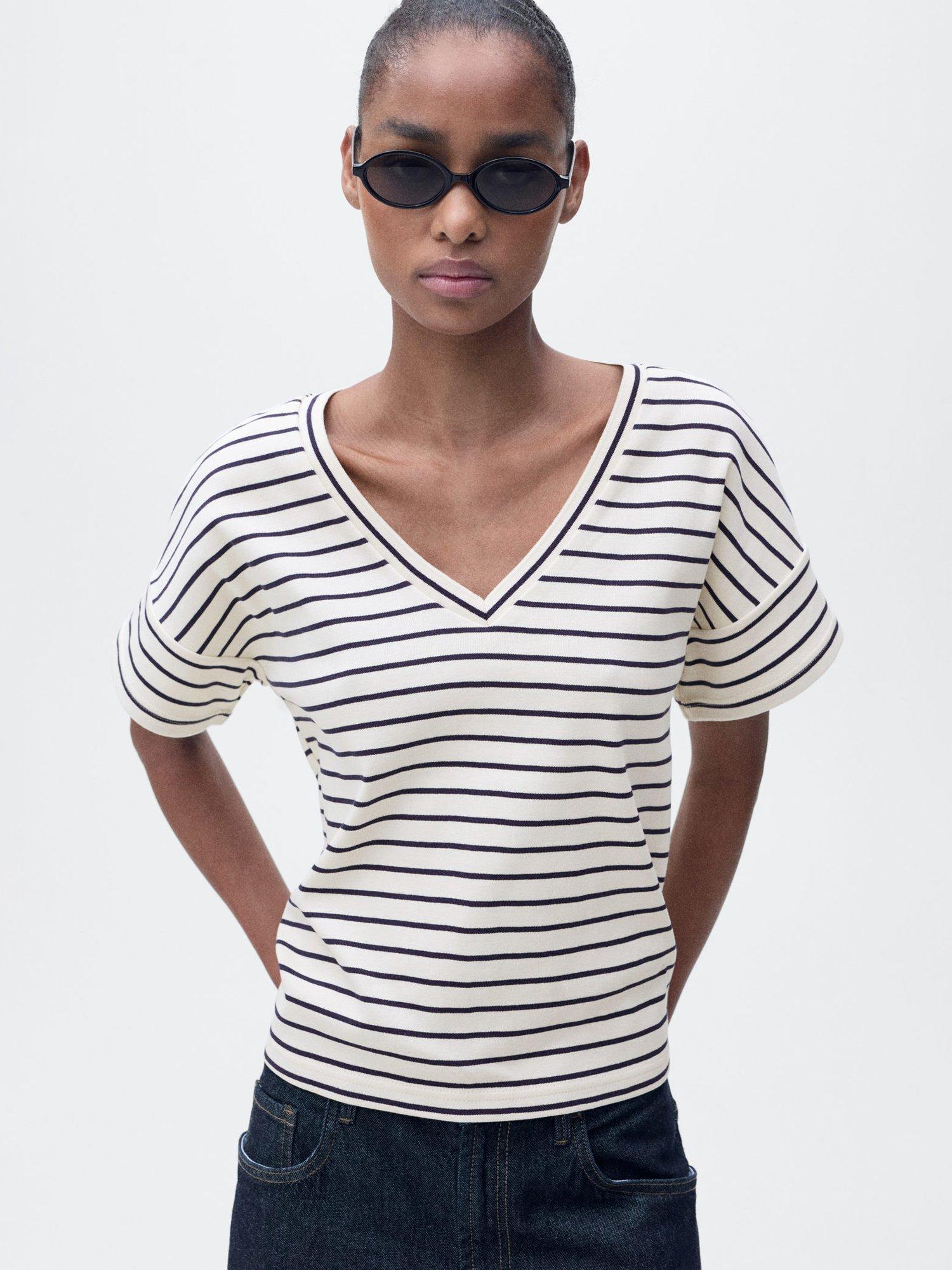 Mango Porti Stripe V-Neck T-Shirt, Navy/White