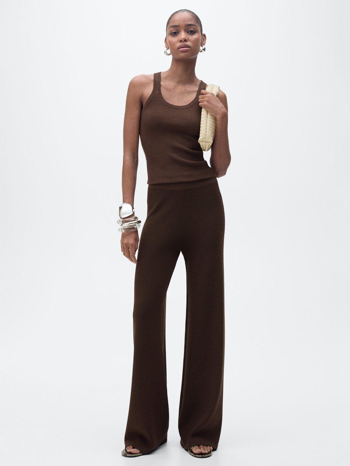 Product image 1 of 7, which shows Mango Ririn Ribbed Vest Top, Dark Brown, L