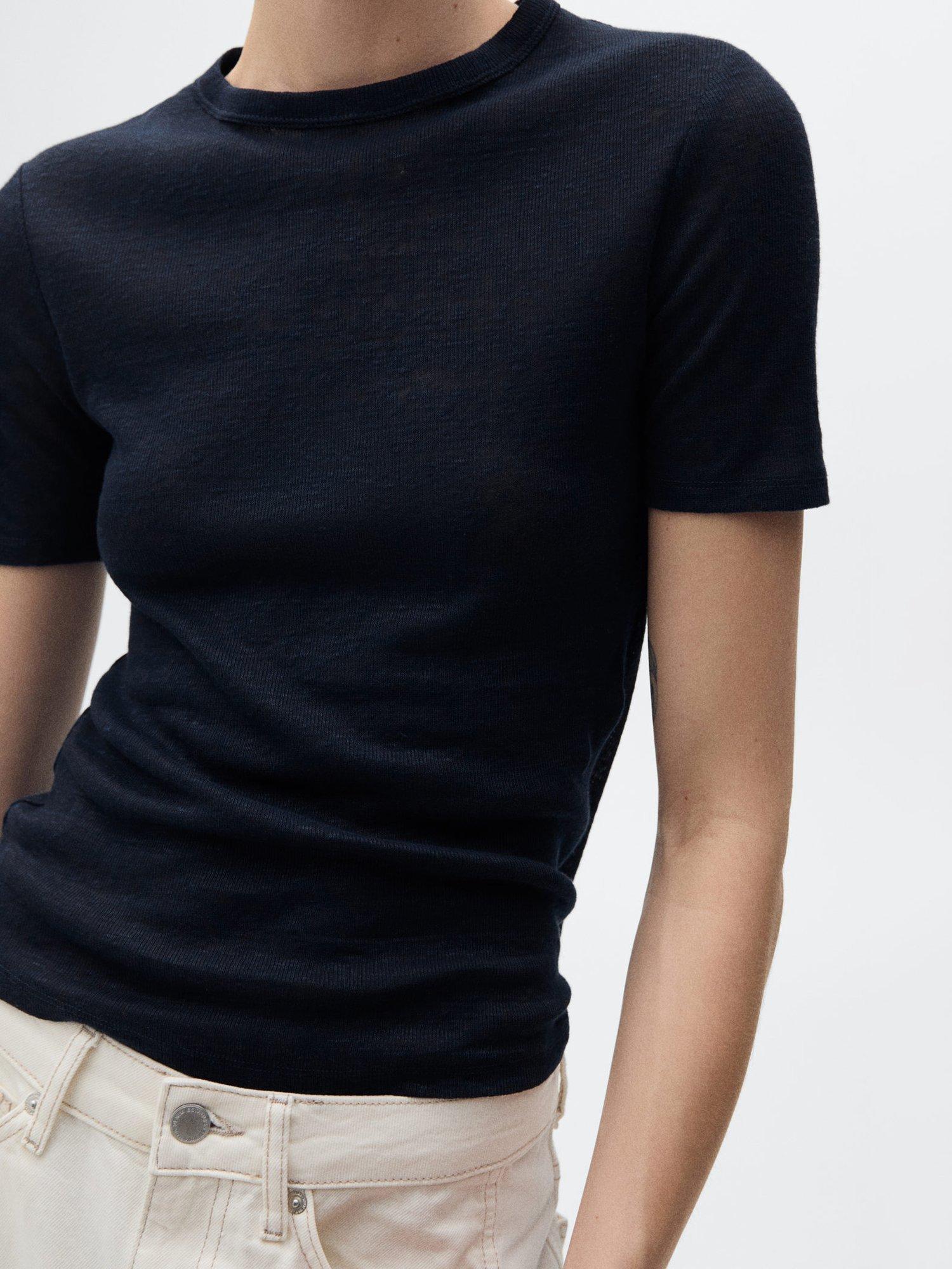 Product image 1 of 7, which shows Mango Vilaflor Linen T-Shirt, Navy, XL