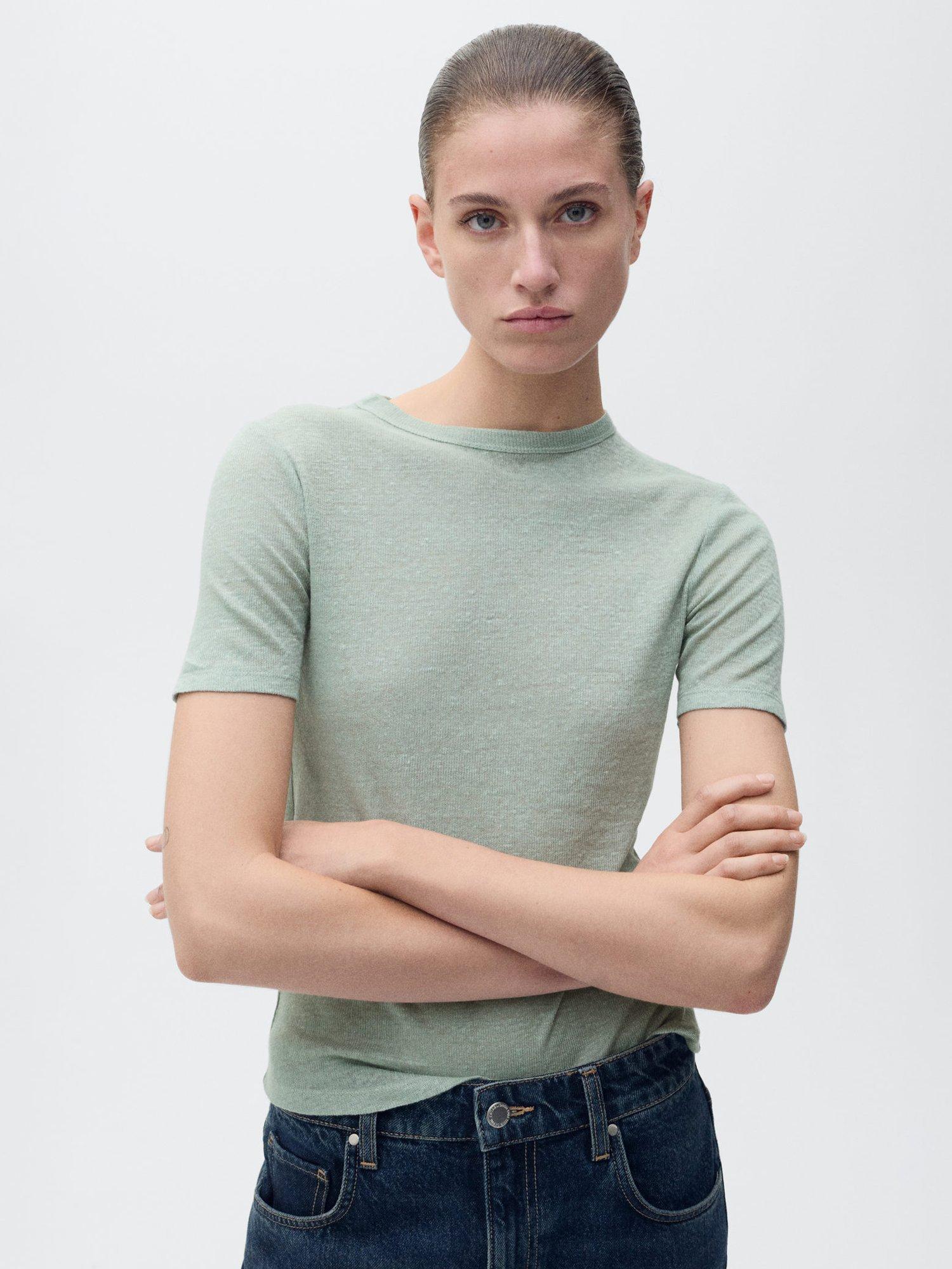 Product image 1 of 6, which shows Mango Vilaflor Linen T-Shirt, Green, XS
