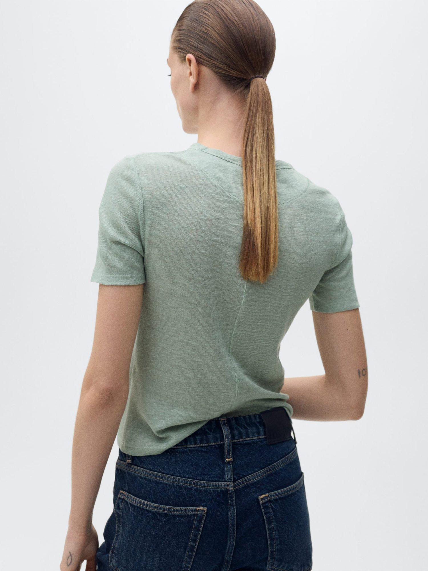 Product image 4 of 6, which shows Mango Vilaflor Linen T-Shirt, Green, XS