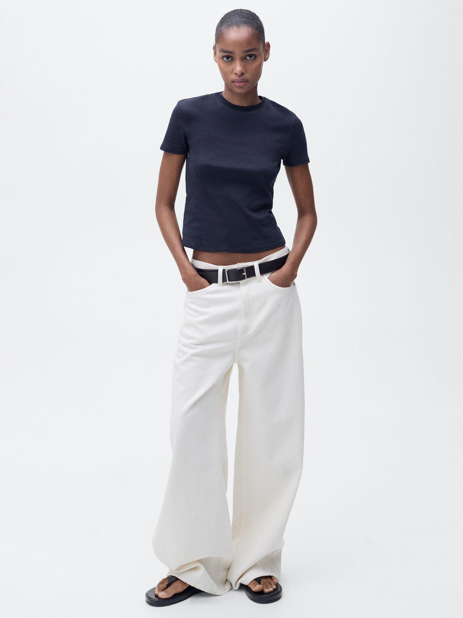 Product image 1 of 7, which shows Mango Zani Cotton Fitted T-Shirt, Dark Blue, XXS