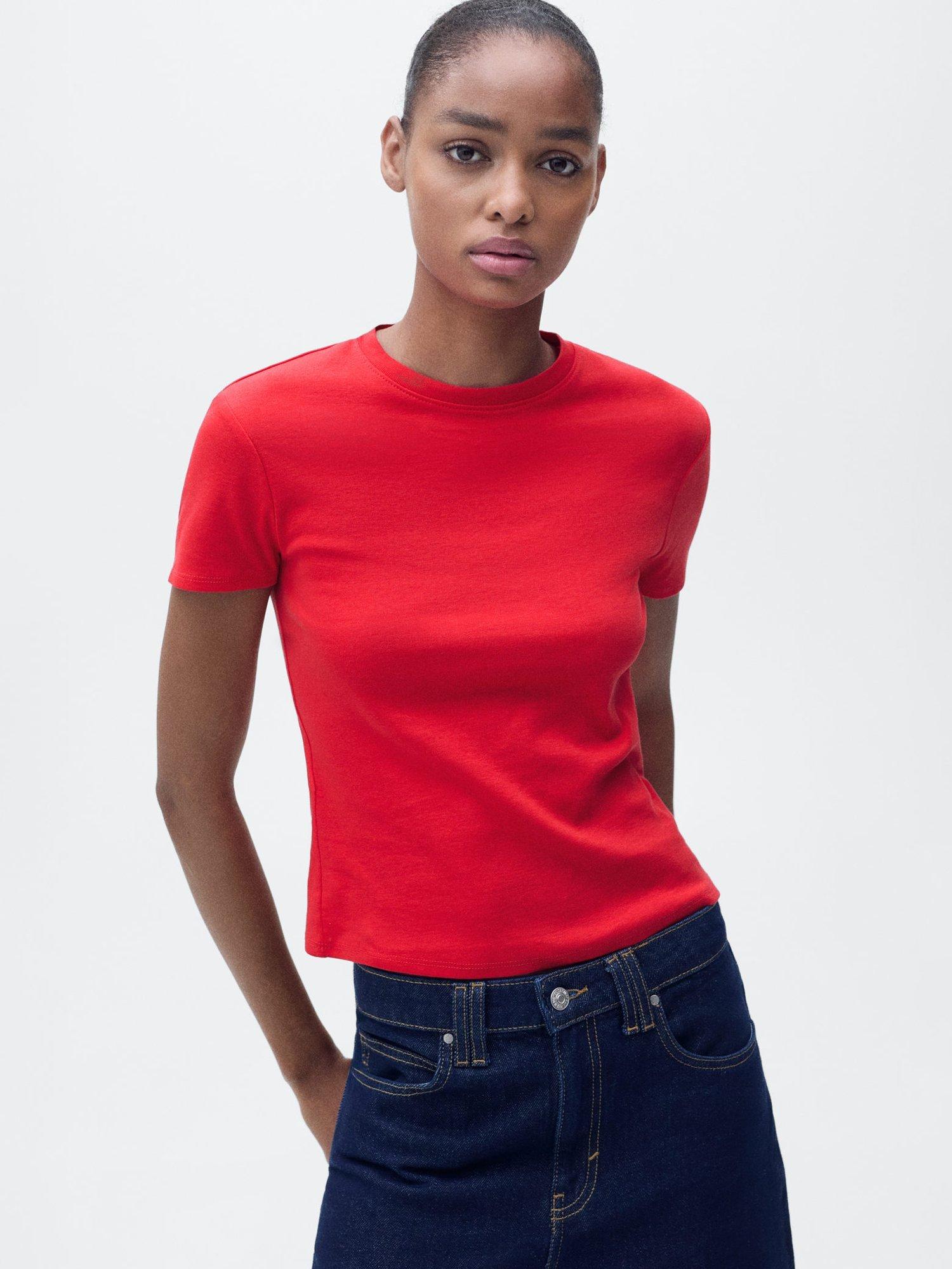 Product image 1 of 7, which shows Mango Zani Cotton Fitted T-Shirt, Red, XS