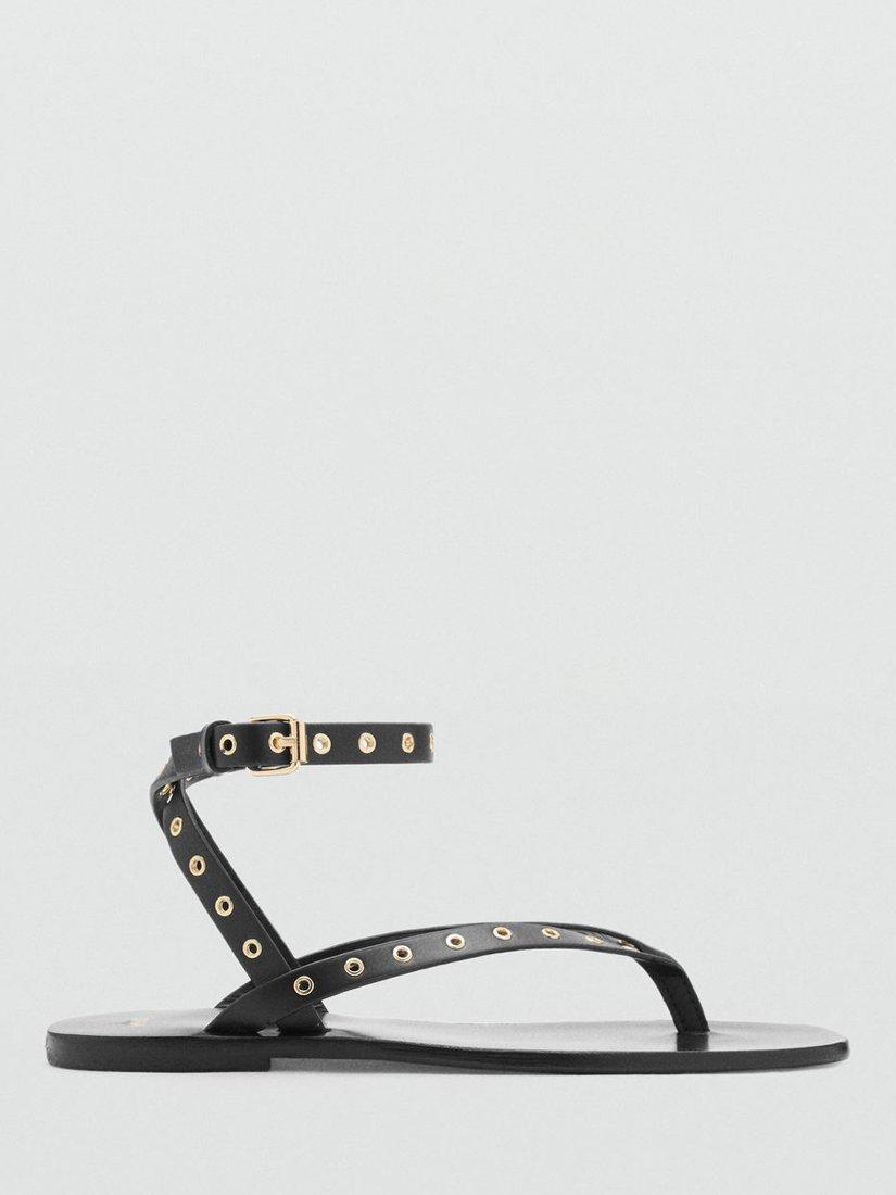 Product image 1 of 5, which shows Mango Eyelet Strappy Leather Sandals, Black, 3