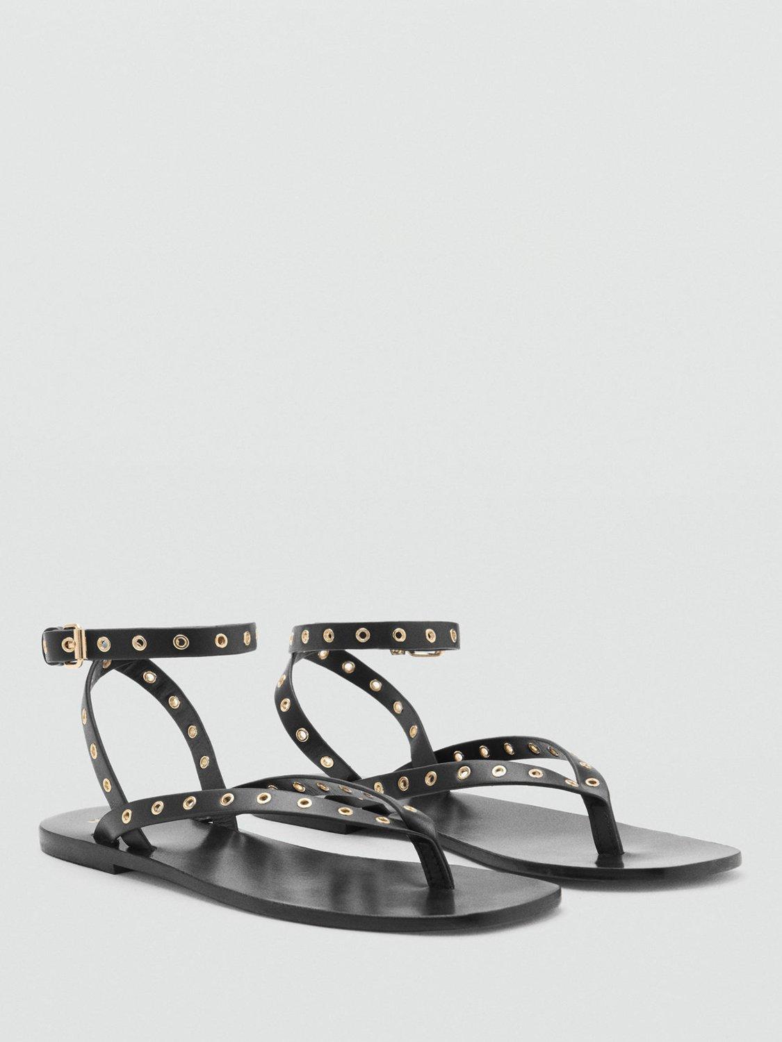 Product image 2 of 5, which shows Mango Eyelet Strappy Leather Sandals, Black, 3