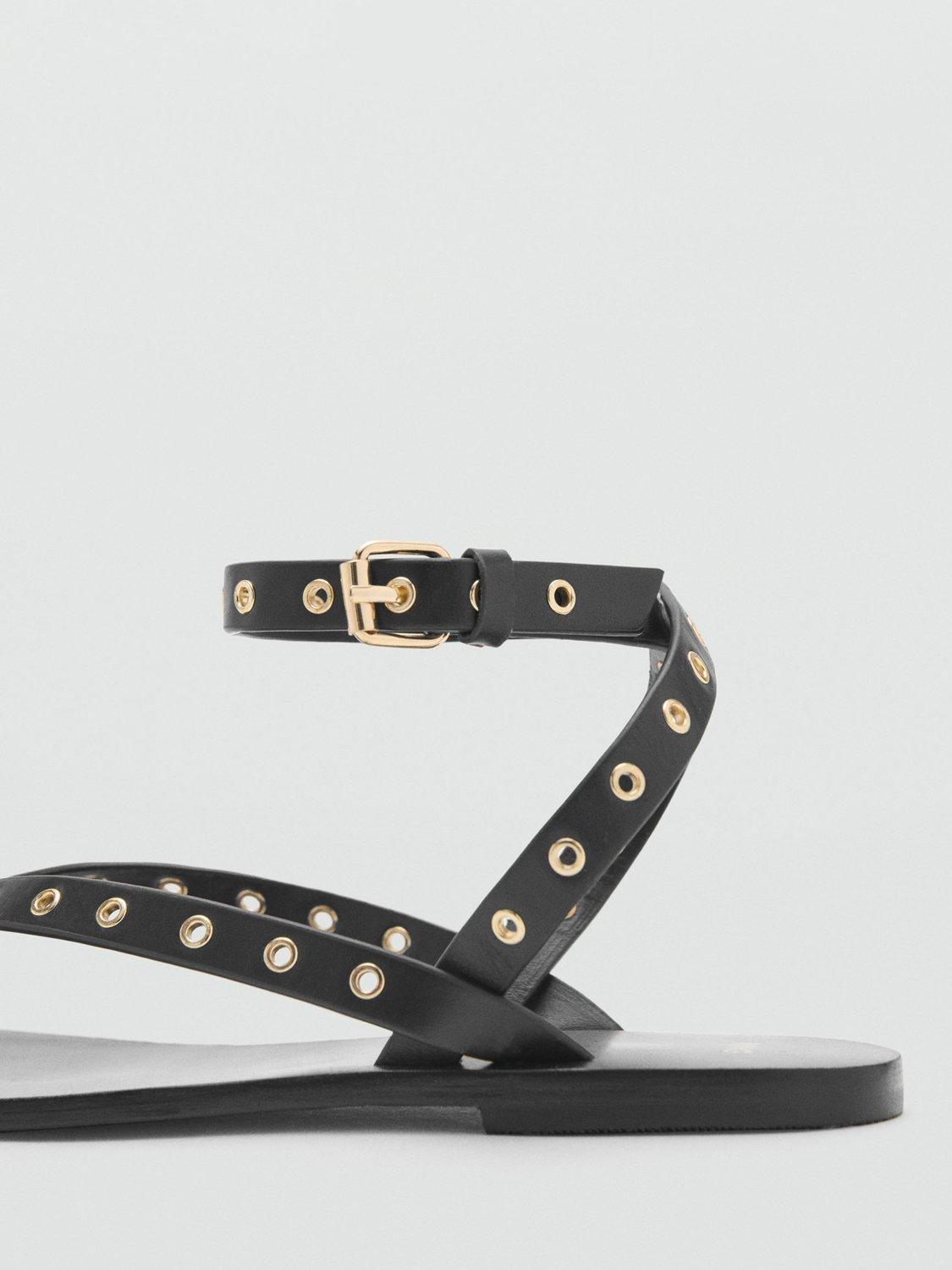 Product image 3 of 5, which shows Mango Eyelet Strappy Leather Sandals, Black, 3