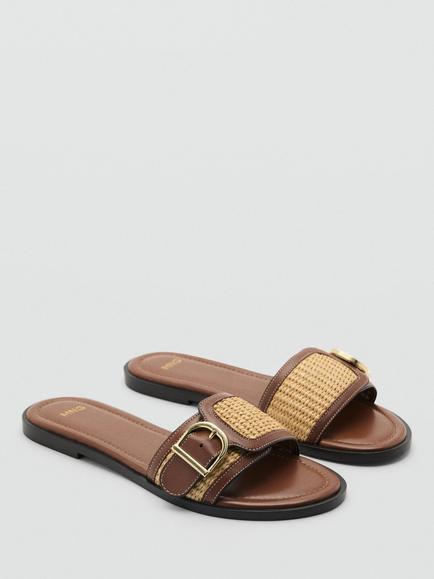 Mango Leather Raffia Sandals, Medium Brown - view 2, Medium Brown