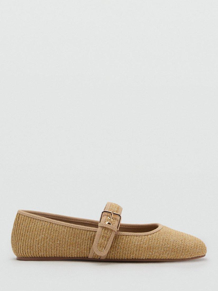 Product image 1 of 6, which shows Mango Textured Cotton Flat Buckle Shoes, Medium Brown, 6