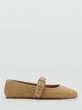 Mango Textured Cotton Flat Buckle Shoes, Medium Brown