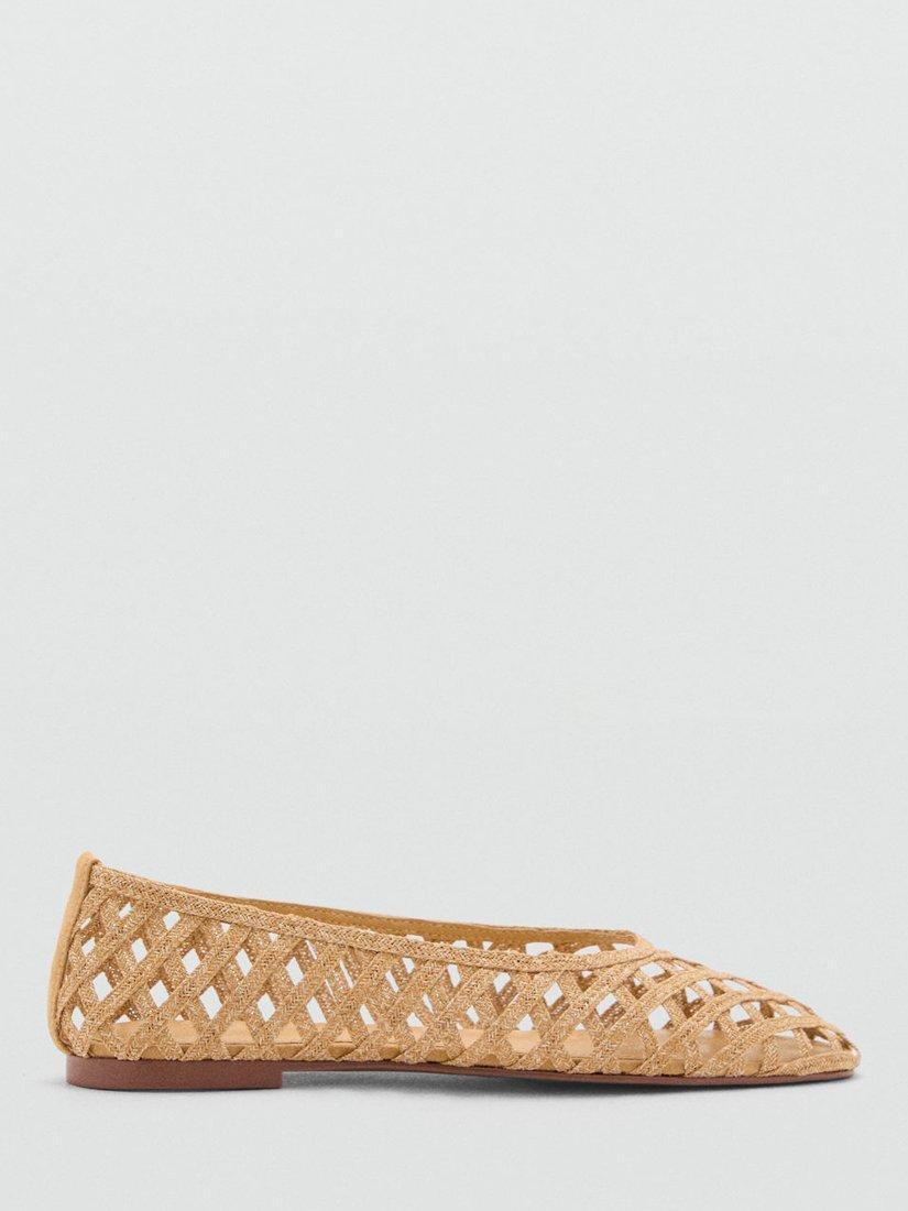 Product image 1 of 4, which shows Mango Ros Open Weave Ballerina Pumps, Medium Brown, 2