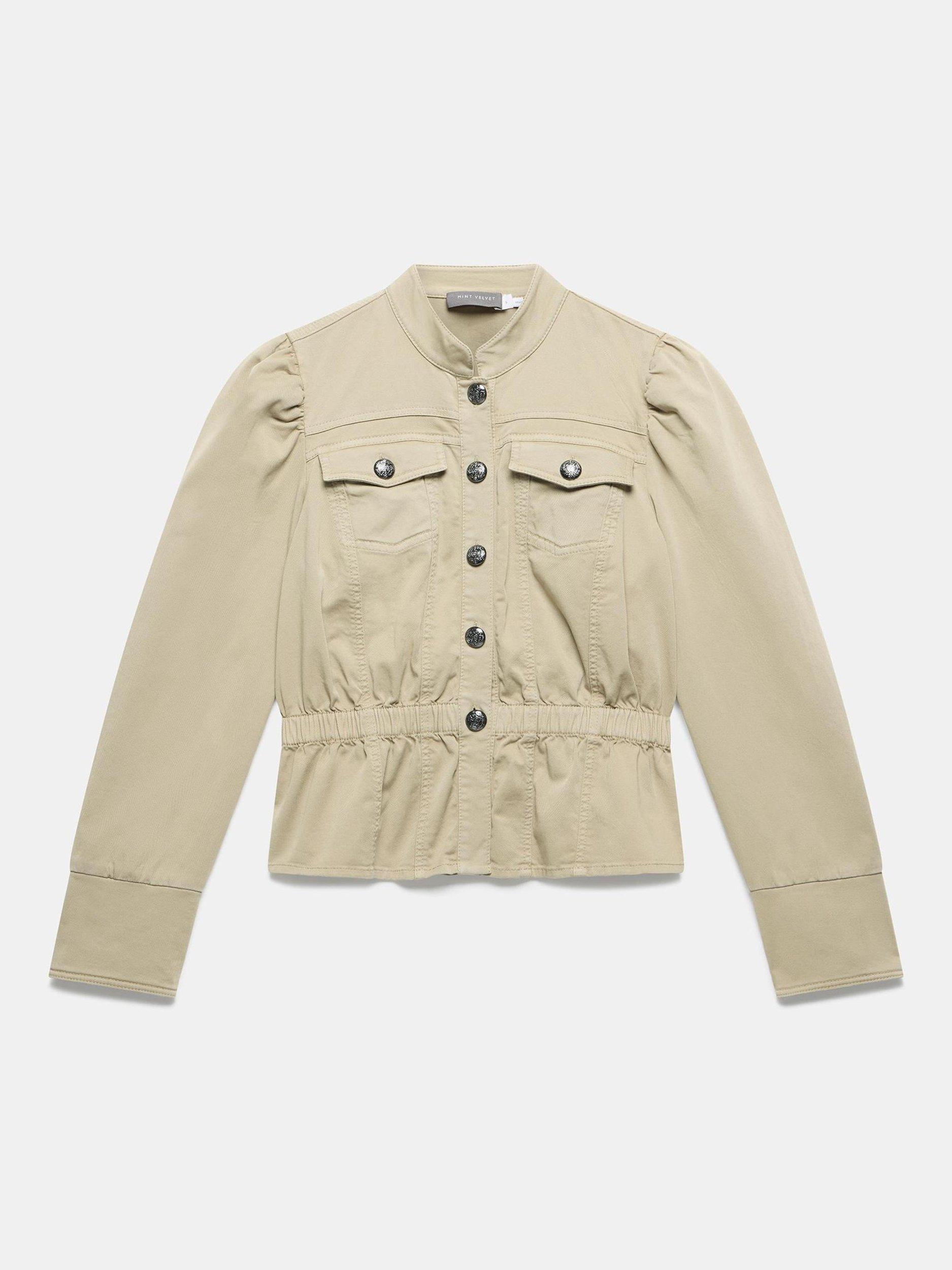 Product image 7 of 8, which shows Mint Velvet Puff Sleeve Peplum Hem Jacket, Khaki, XS