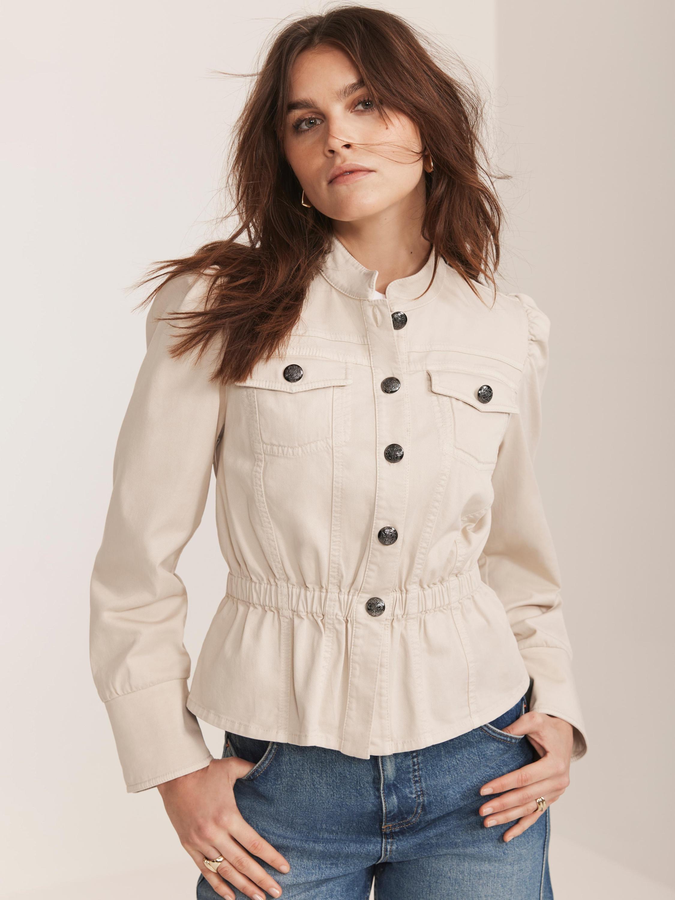 Product image 2 of 9, which shows Mint Velvet Puff Sleeve Peplum Hem Jacket, Beige, XS