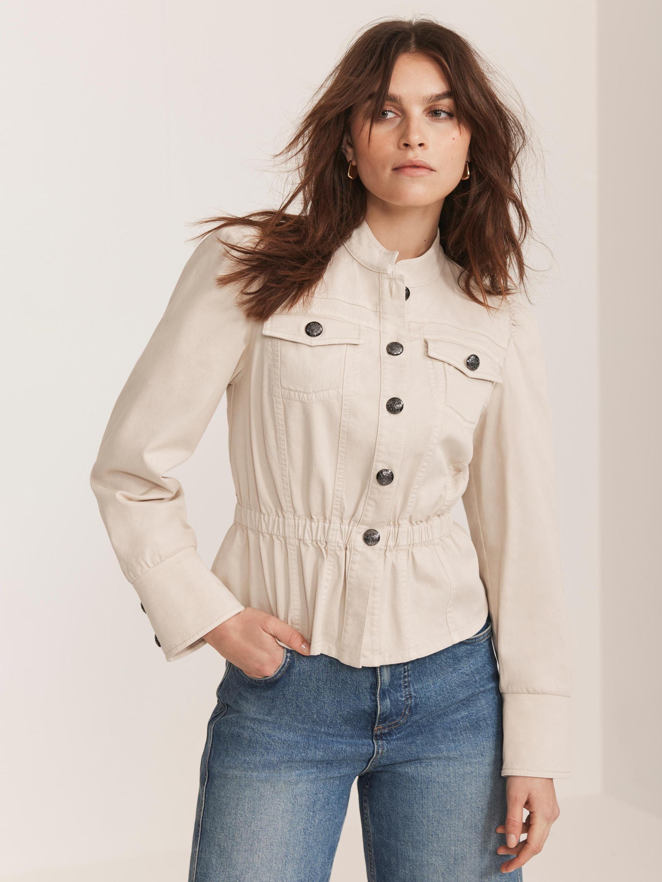 Product image 3 of 9, which shows Mint Velvet Puff Sleeve Peplum Hem Jacket, Beige, XS