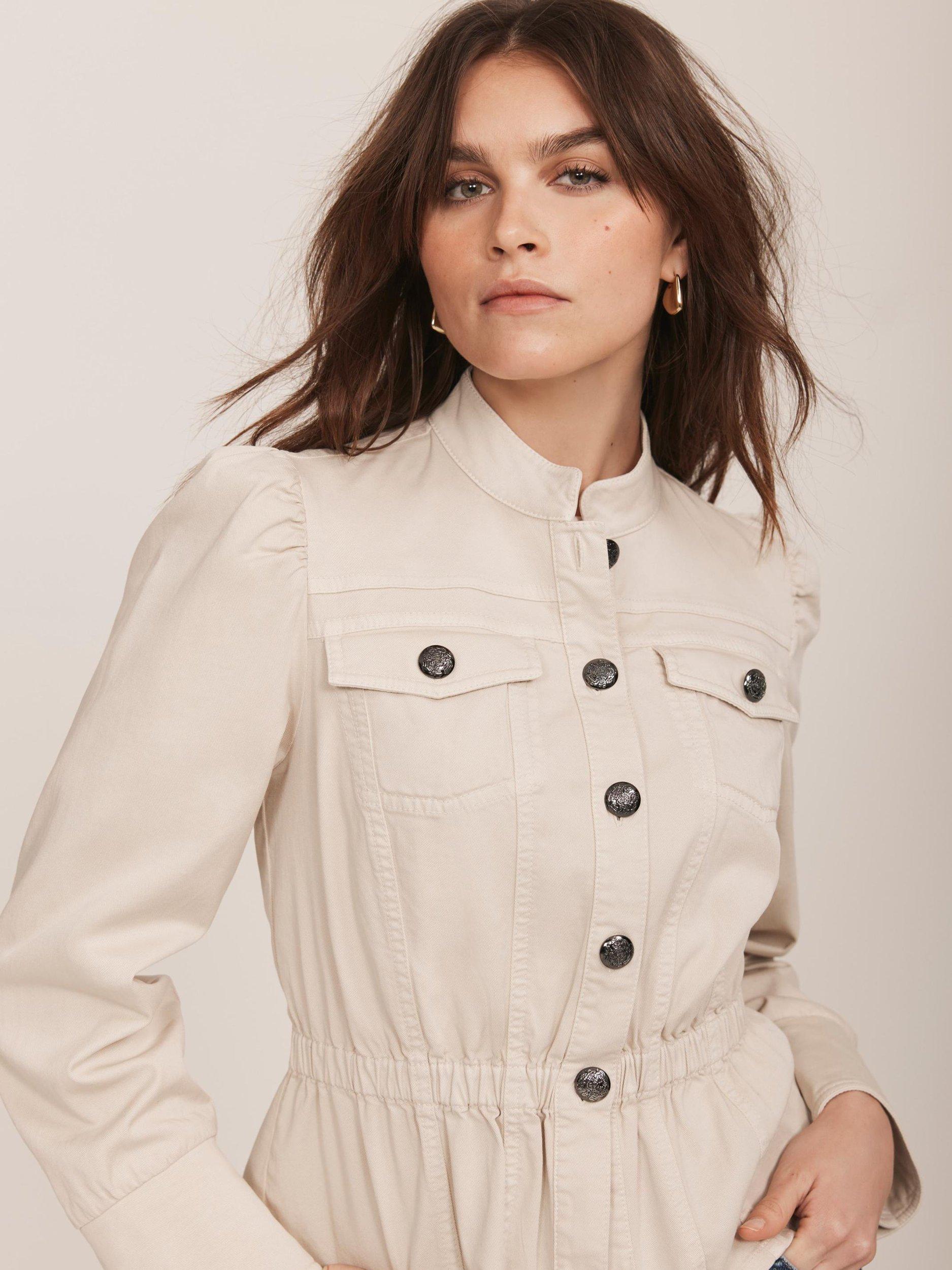 Product image 4 of 9, which shows Mint Velvet Puff Sleeve Peplum Hem Jacket, Beige, XS