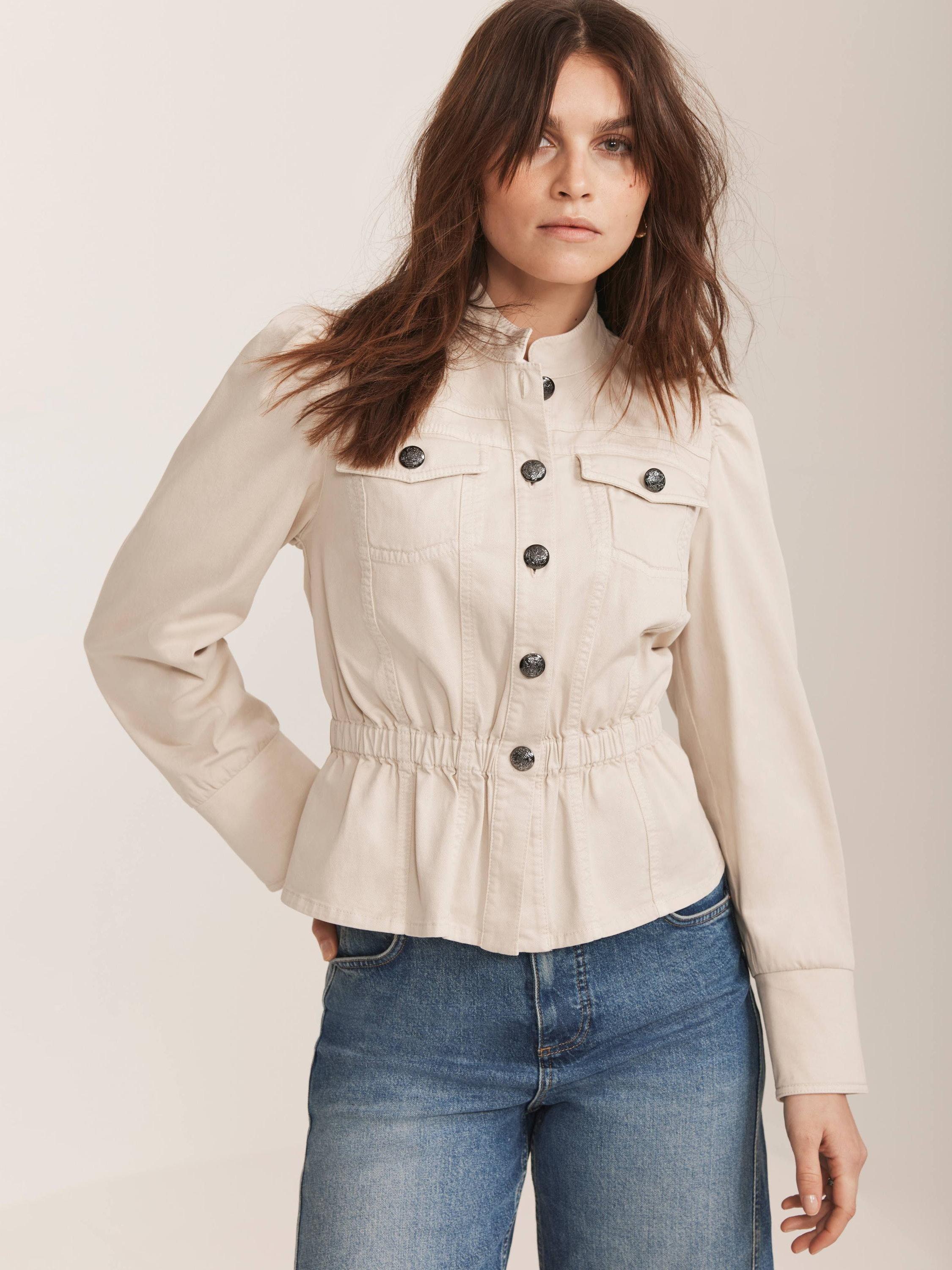 Product image 5 of 9, which shows Mint Velvet Puff Sleeve Peplum Hem Jacket, Beige, XS
