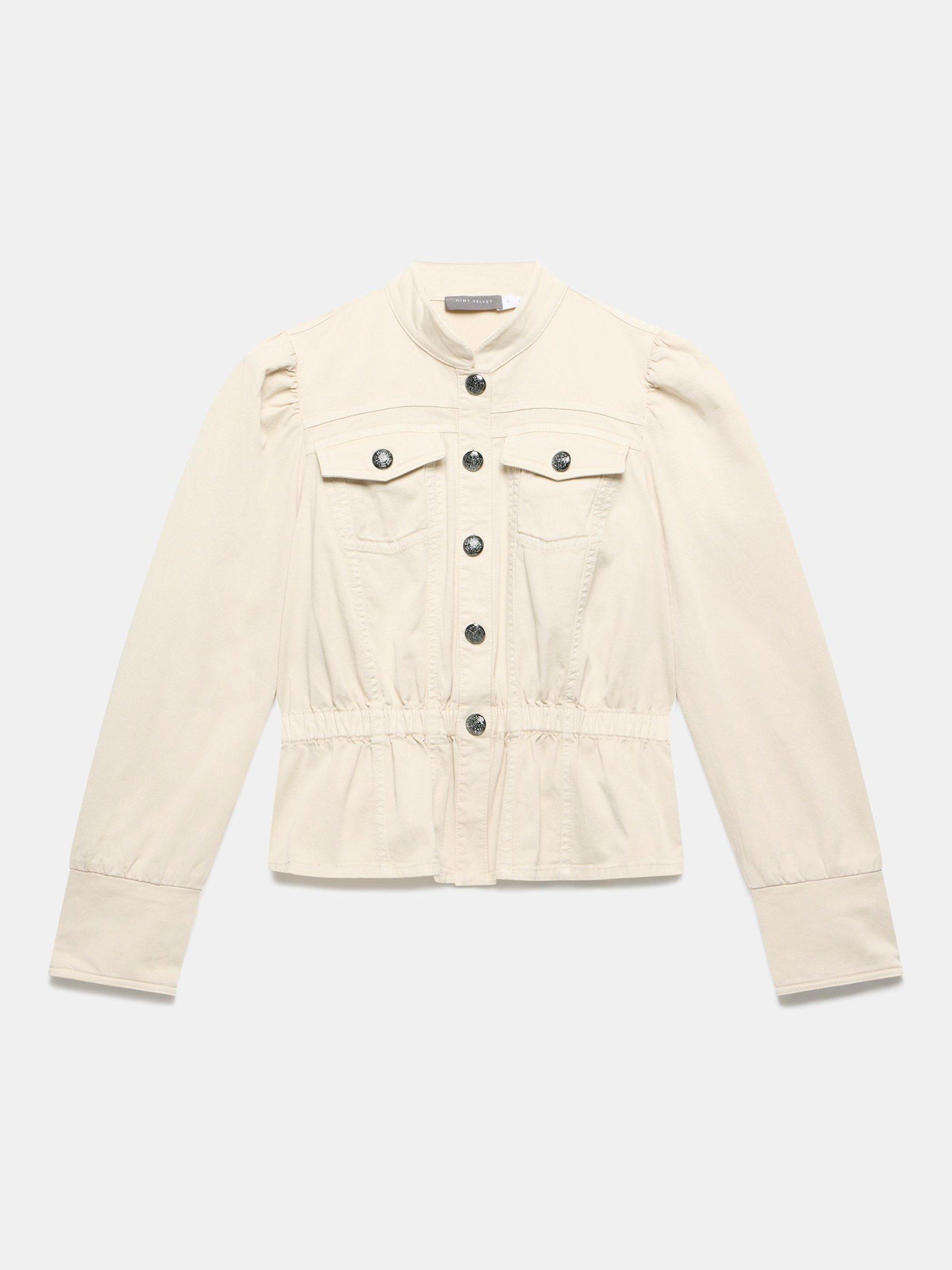 Product image 7 of 9, which shows Mint Velvet Puff Sleeve Peplum Hem Jacket, Beige, XS