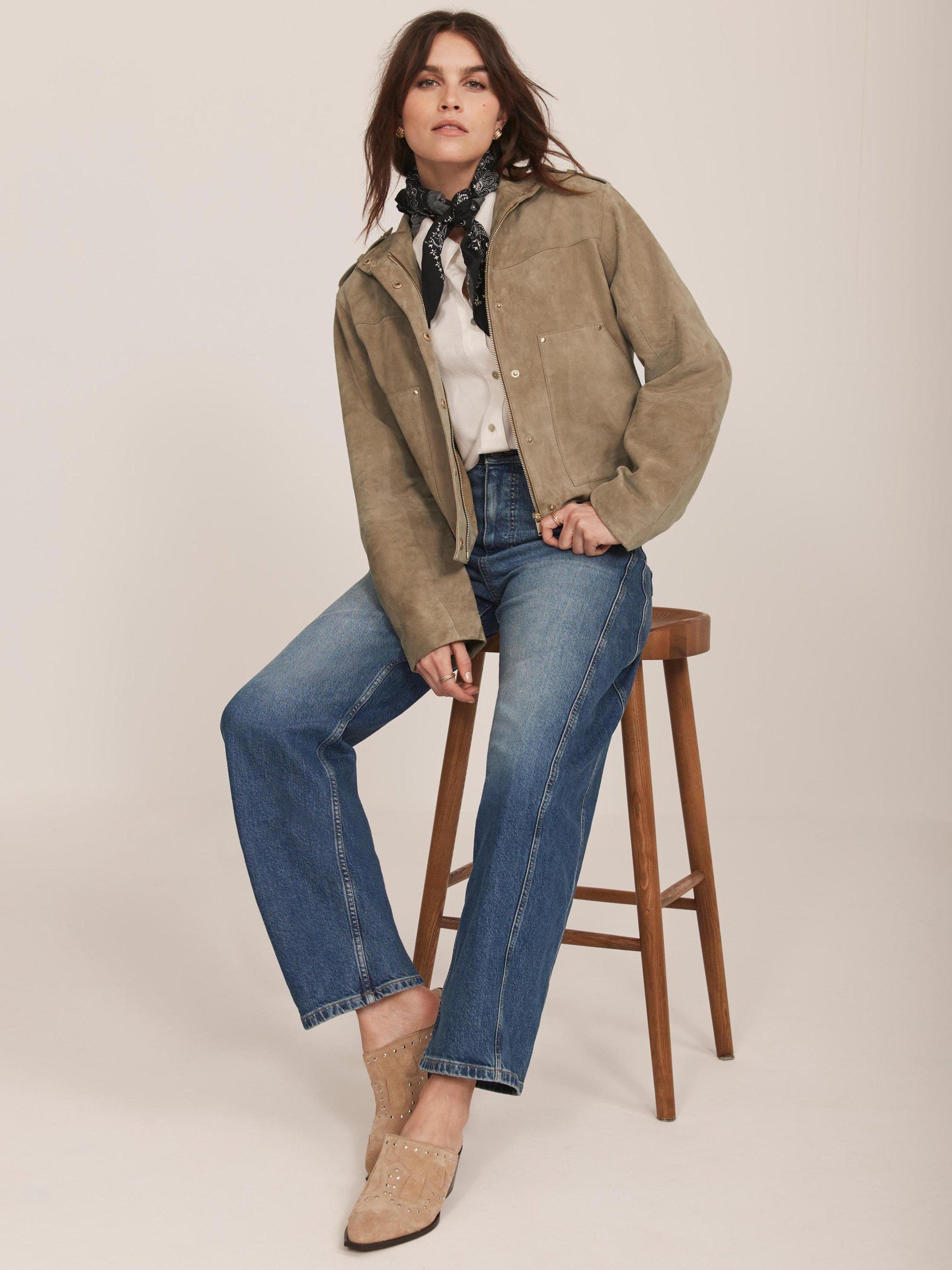 Product image 2 of 8, which shows Mint Velvet Suede Leather Funnel Neck Jacket, Beige, XS