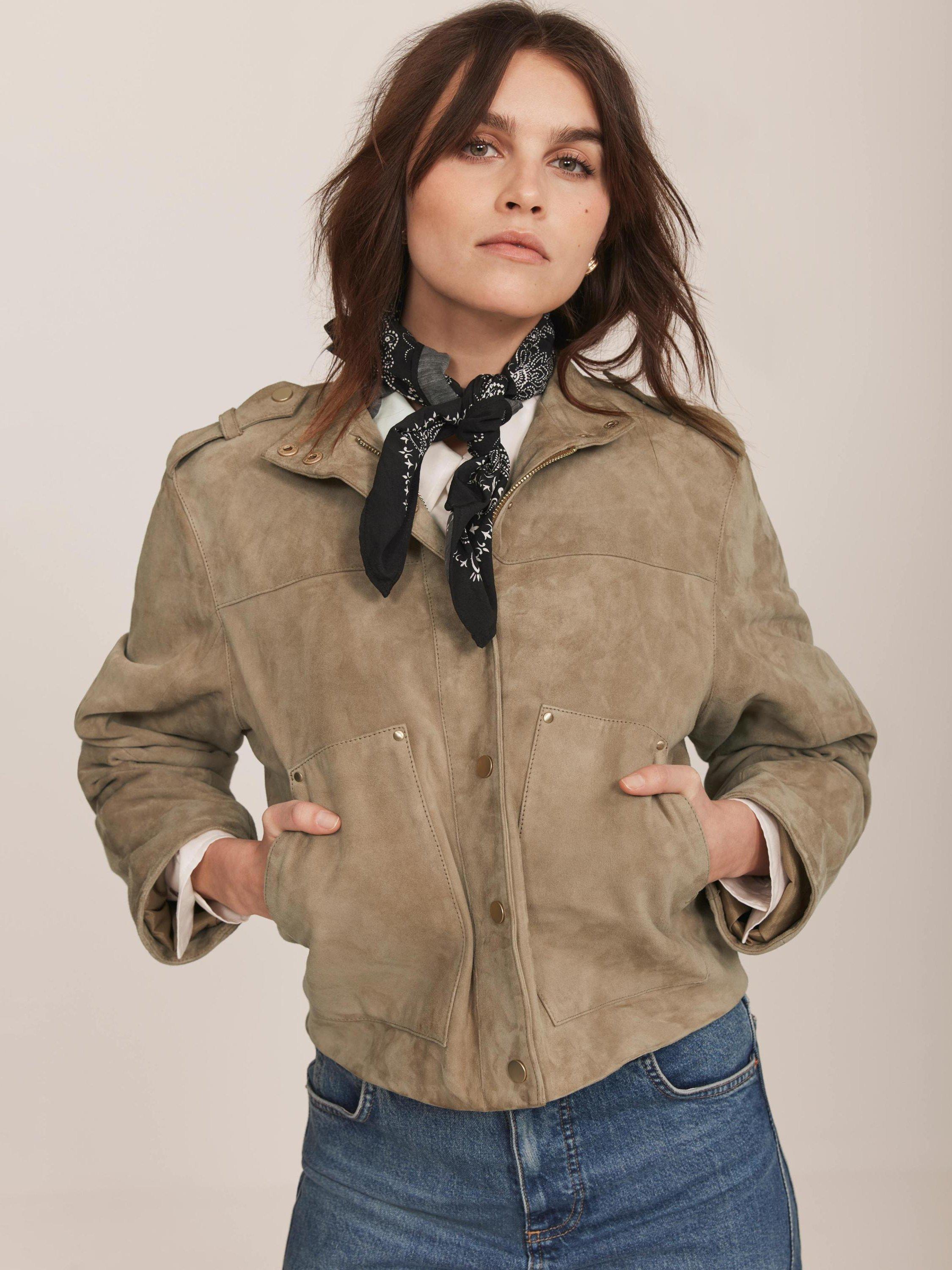 Product image 3 of 8, which shows Mint Velvet Suede Leather Funnel Neck Jacket, Beige, XS