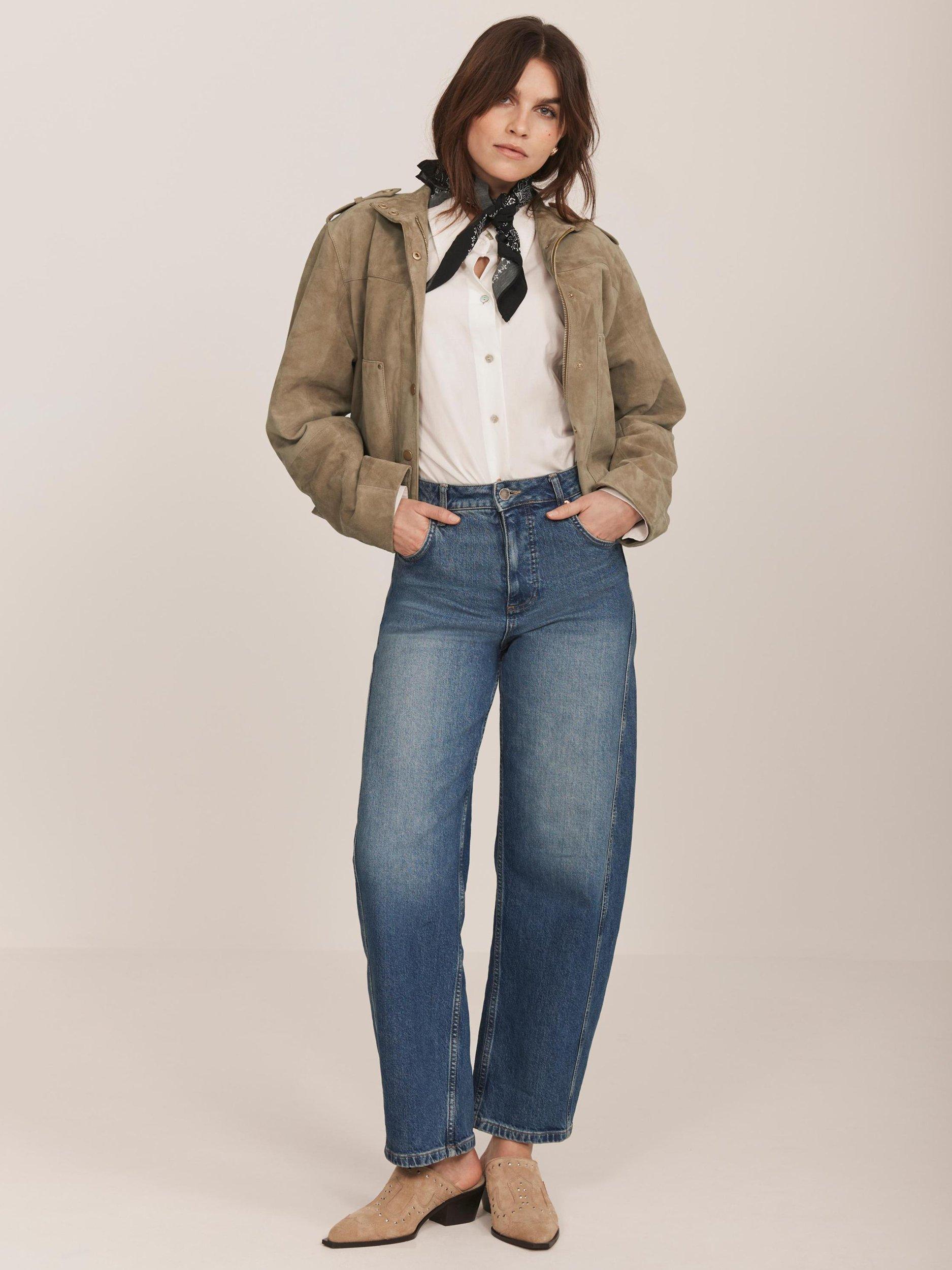 Product image 4 of 8, which shows Mint Velvet Suede Leather Funnel Neck Jacket, Beige, XS