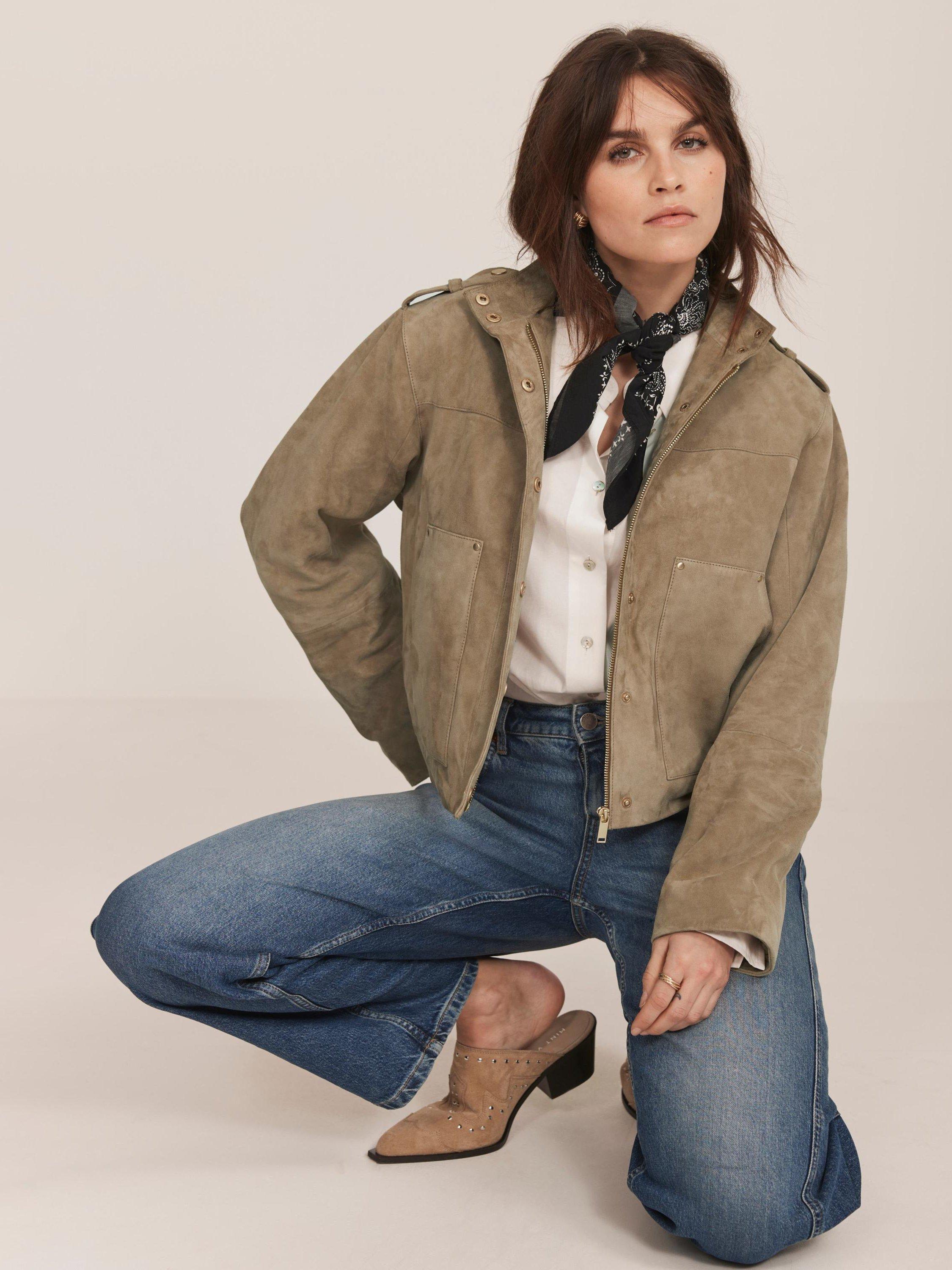 Product image 6 of 8, which shows Mint Velvet Suede Leather Funnel Neck Jacket, Beige, XS